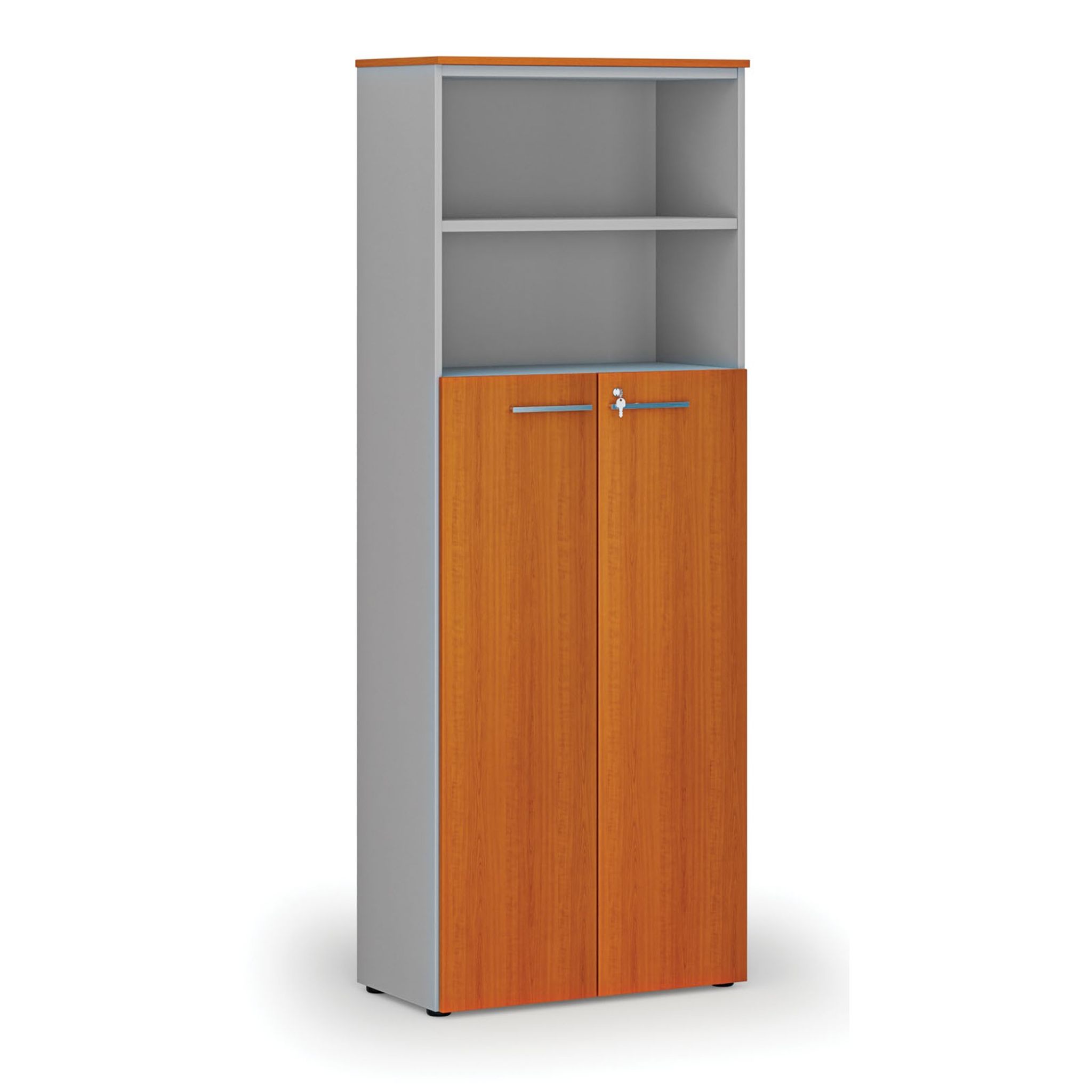 Büro-Kombischrank PRIMO GRAY, Tür auf 4 Etagen, 800 x 420 x 2128 mm, grau/Kirsche
