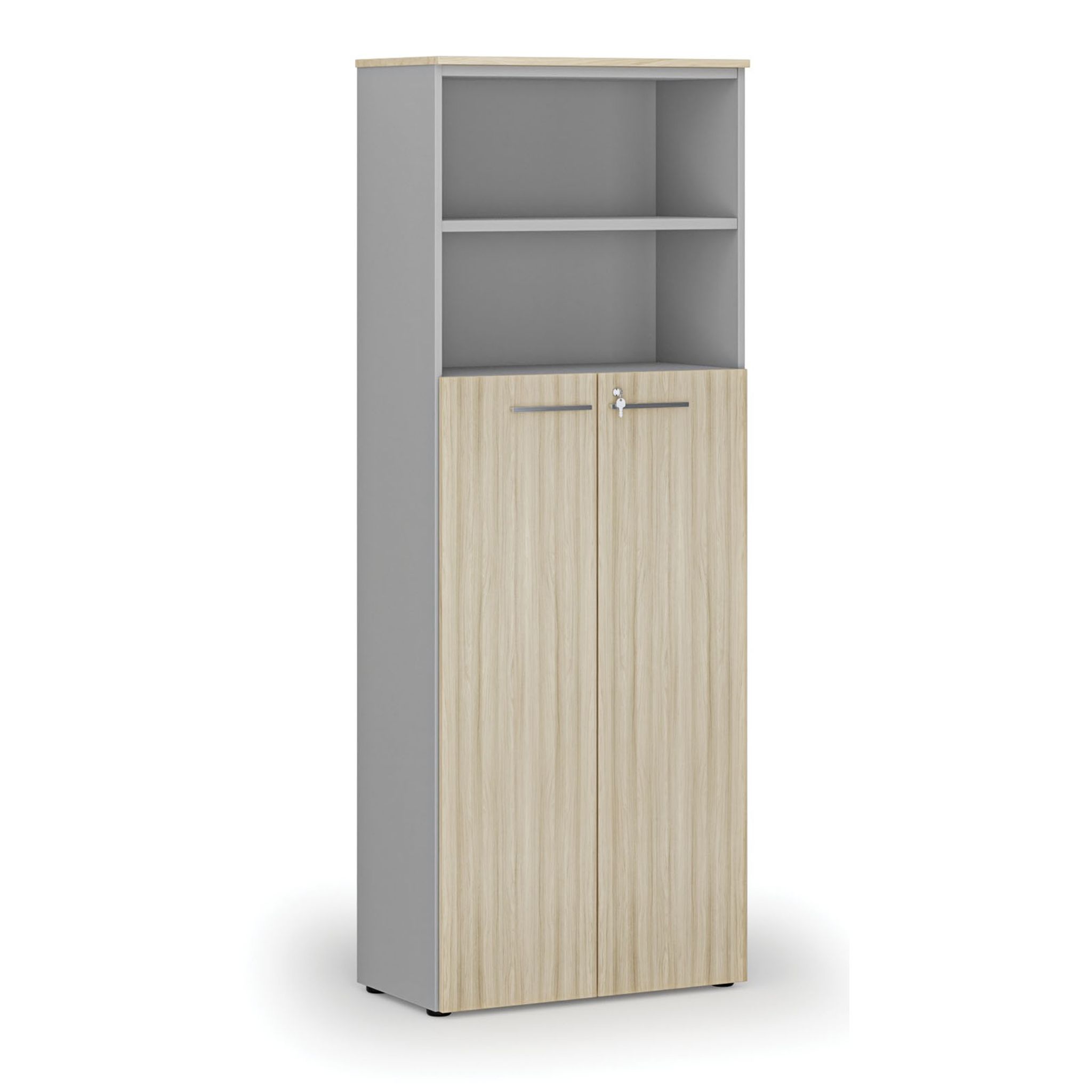 Büro-Kombischrank PRIMO GRAY, Tür auf 4 Etagen, 800 x 420 x 2128 mm, grau/natur Eiche