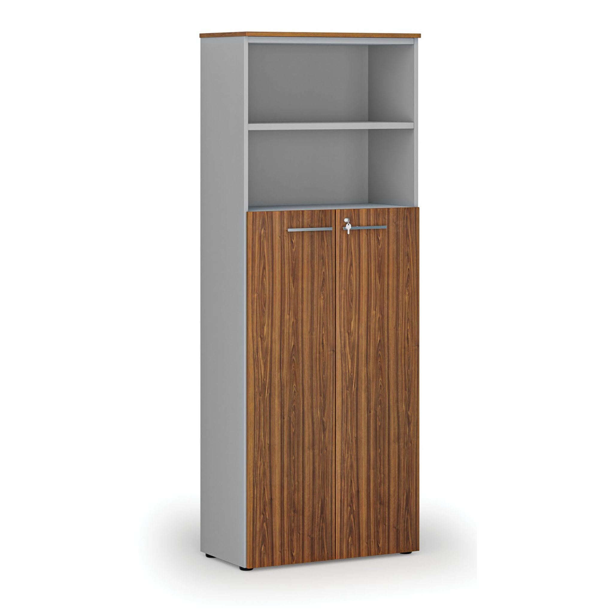 Büro-Kombischrank PRIMO GRAY, Tür auf 4 Etagen, 800 x 420 x 2128 mm, grau/Nussbaum