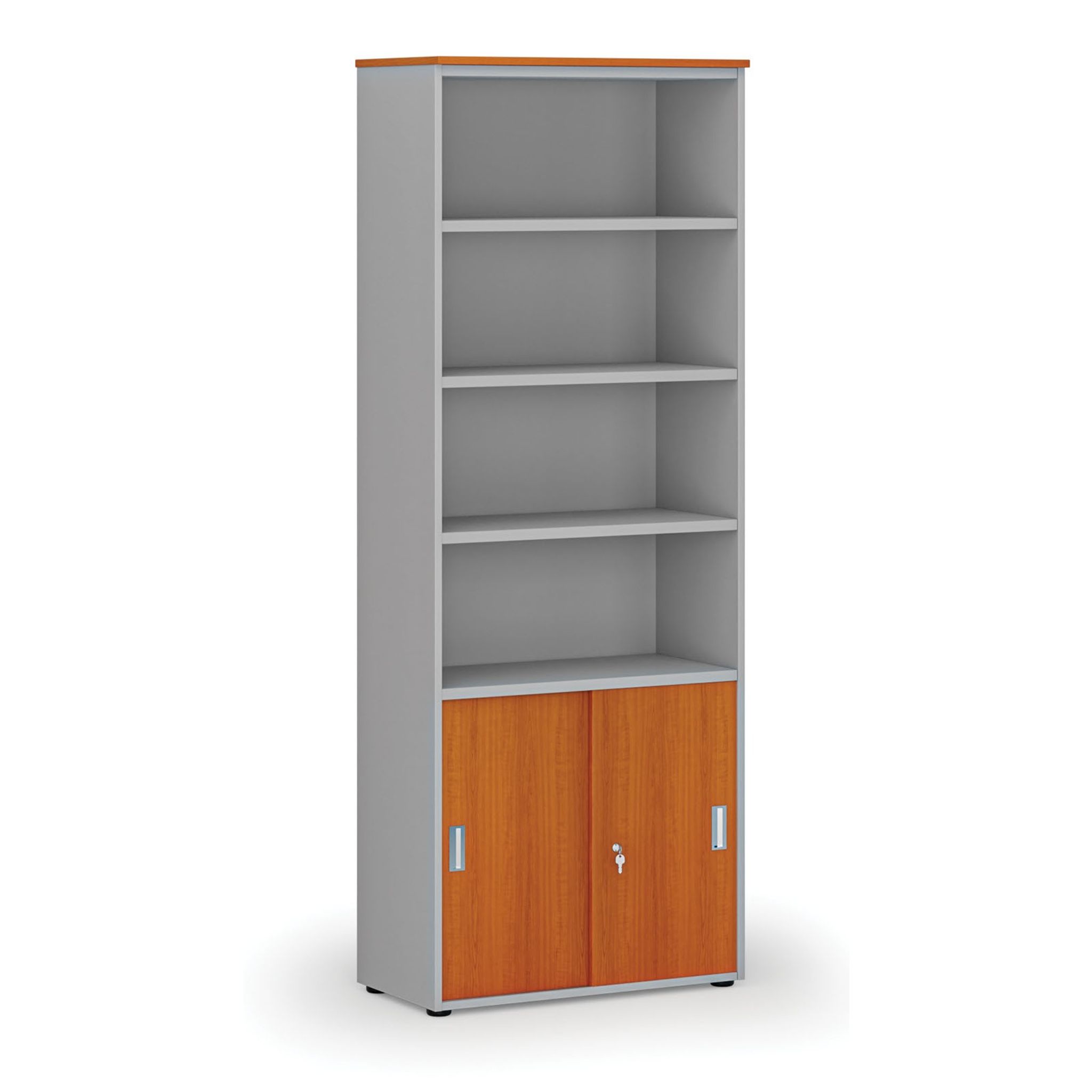 Büro-Kombischrank PRIMO GRAY, versenkbare Tür auf 2 Etagen, 2128 x 800 x 420 mm, grau/Kirsche