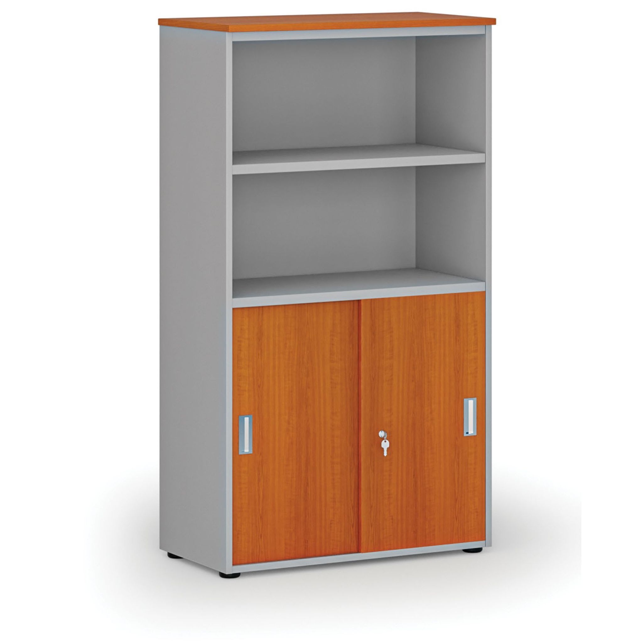 Büro-Kombischrank PRIMO GRAY, versenkbare Tür auf 2 Etagen, 800 x 420 x 1434 mm, grau/Kirsche