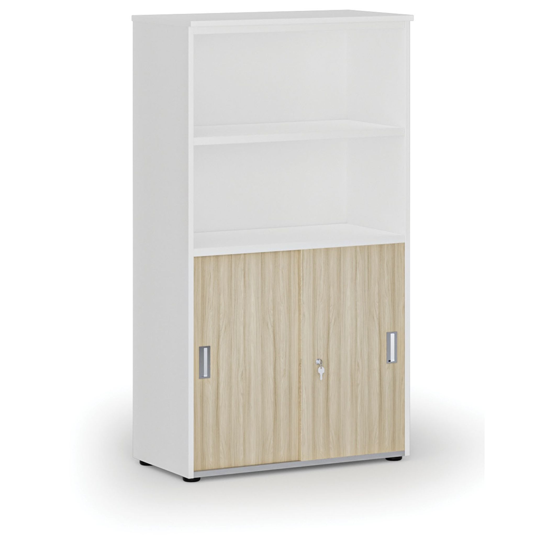 Büro-Kombischrank PRIMO WHITE, Schiebetür auf 2 Etagen, 1434 x 800 x 420 mm, Eiche weiß/natur