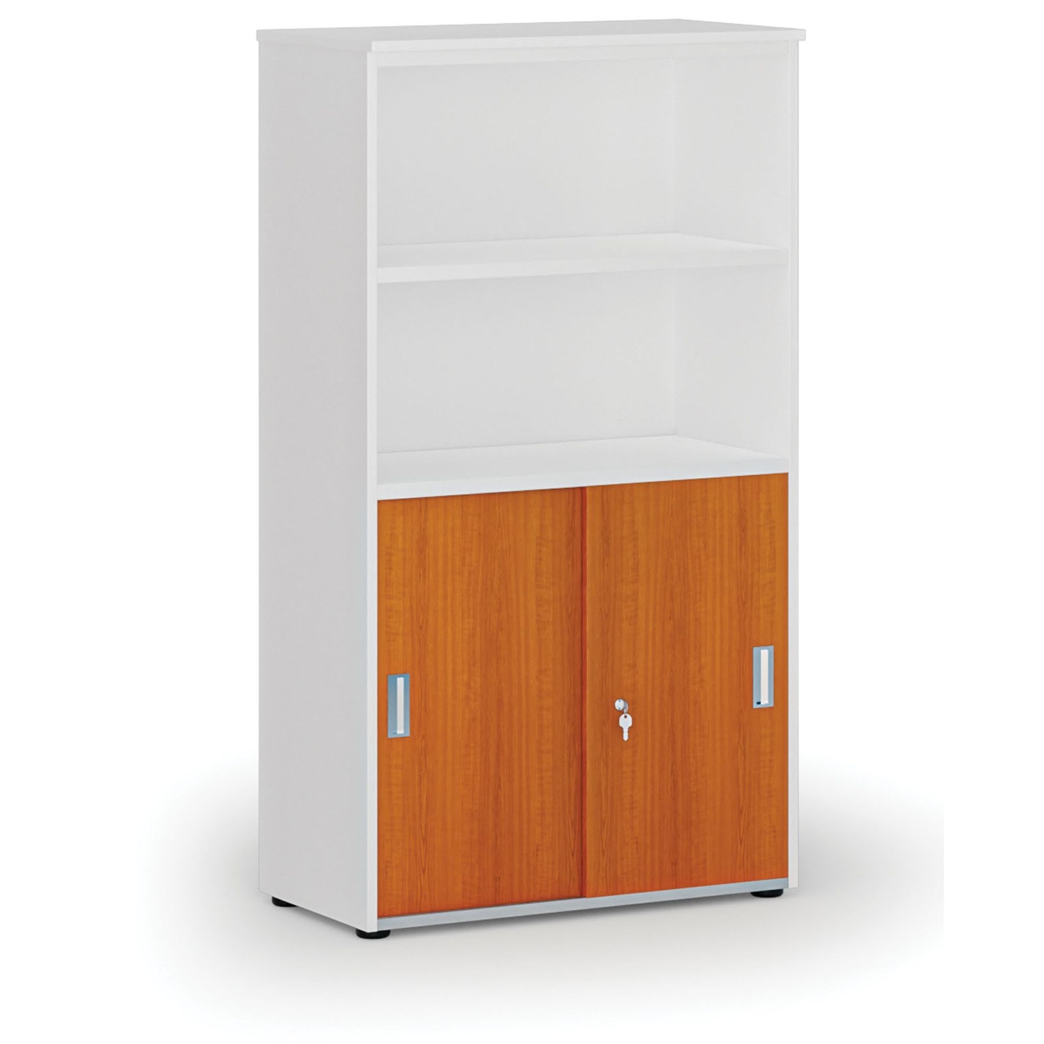 Büro-Kombischrank PRIMO WHITE, Schiebetür auf 2 Etagen, 1434 x 800 x 420 mm, weiß/Kirsche