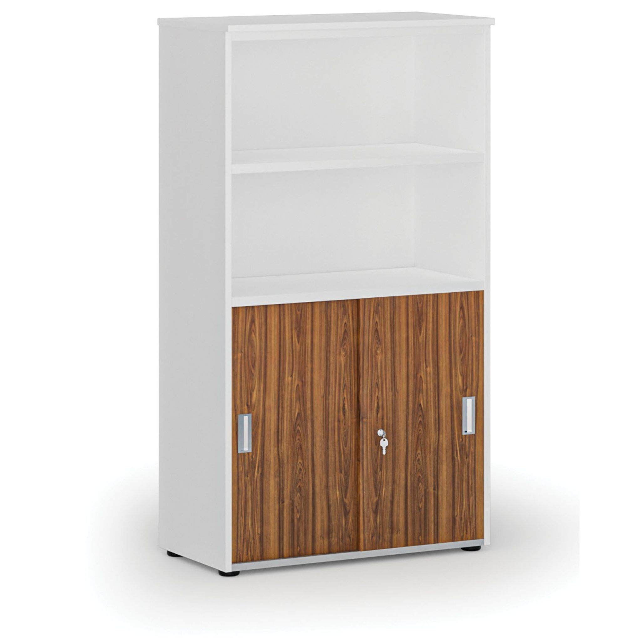 Büro-Kombischrank PRIMO WHITE, Schiebetür auf 2 Etagen, 1434 x 800 x 420 mm, weiß/Nussbaum
