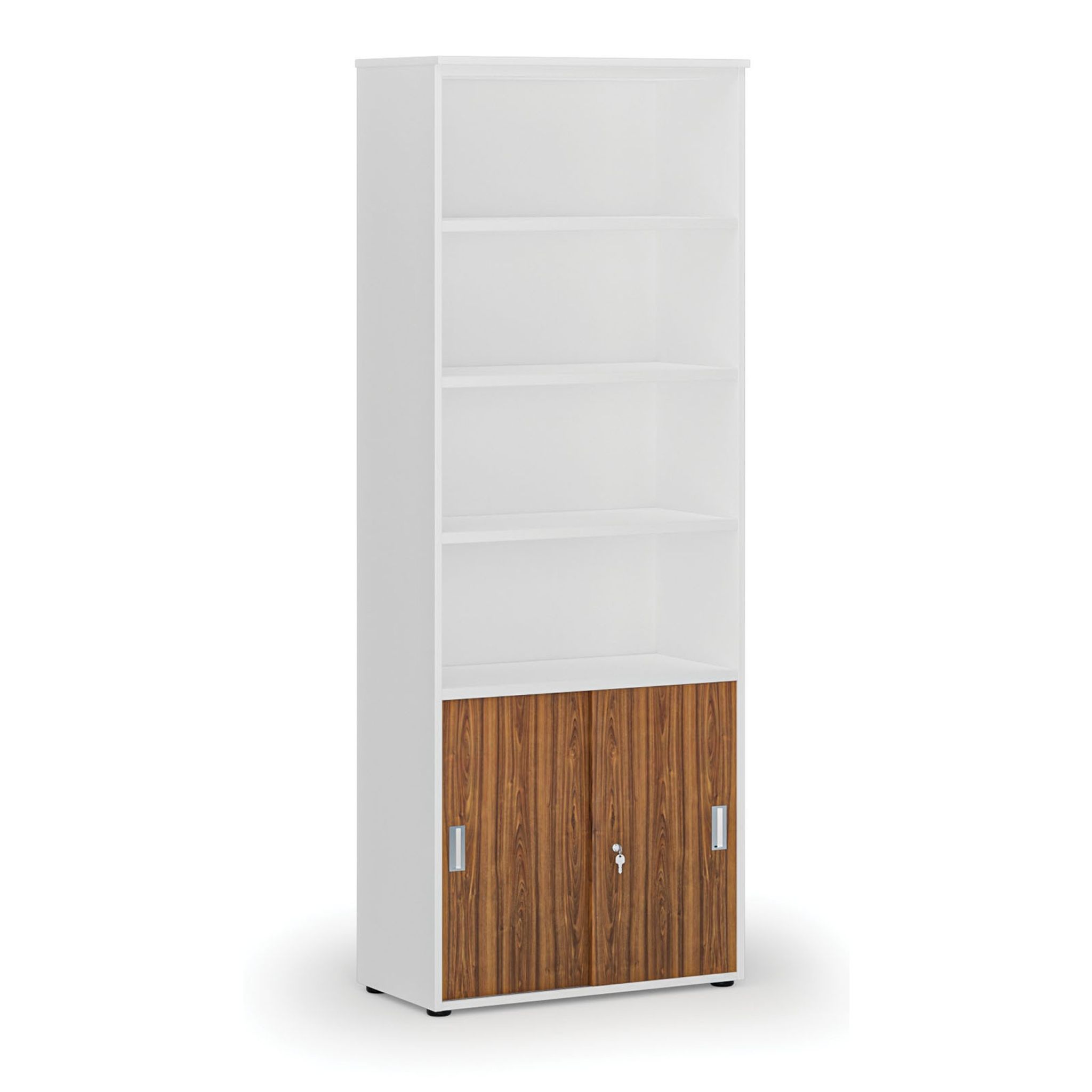 Büro-Kombischrank PRIMO WHITE, Schiebetür auf 2 Etagen, 2128 x 800 x 420 mm, weiß/Nussbaum