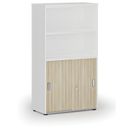 Büro-Kombischrank PRIMO WHITE, Schiebetür auf 2 Etagen, 800 x 420 x 1434 mm, Eiche weiß/natur