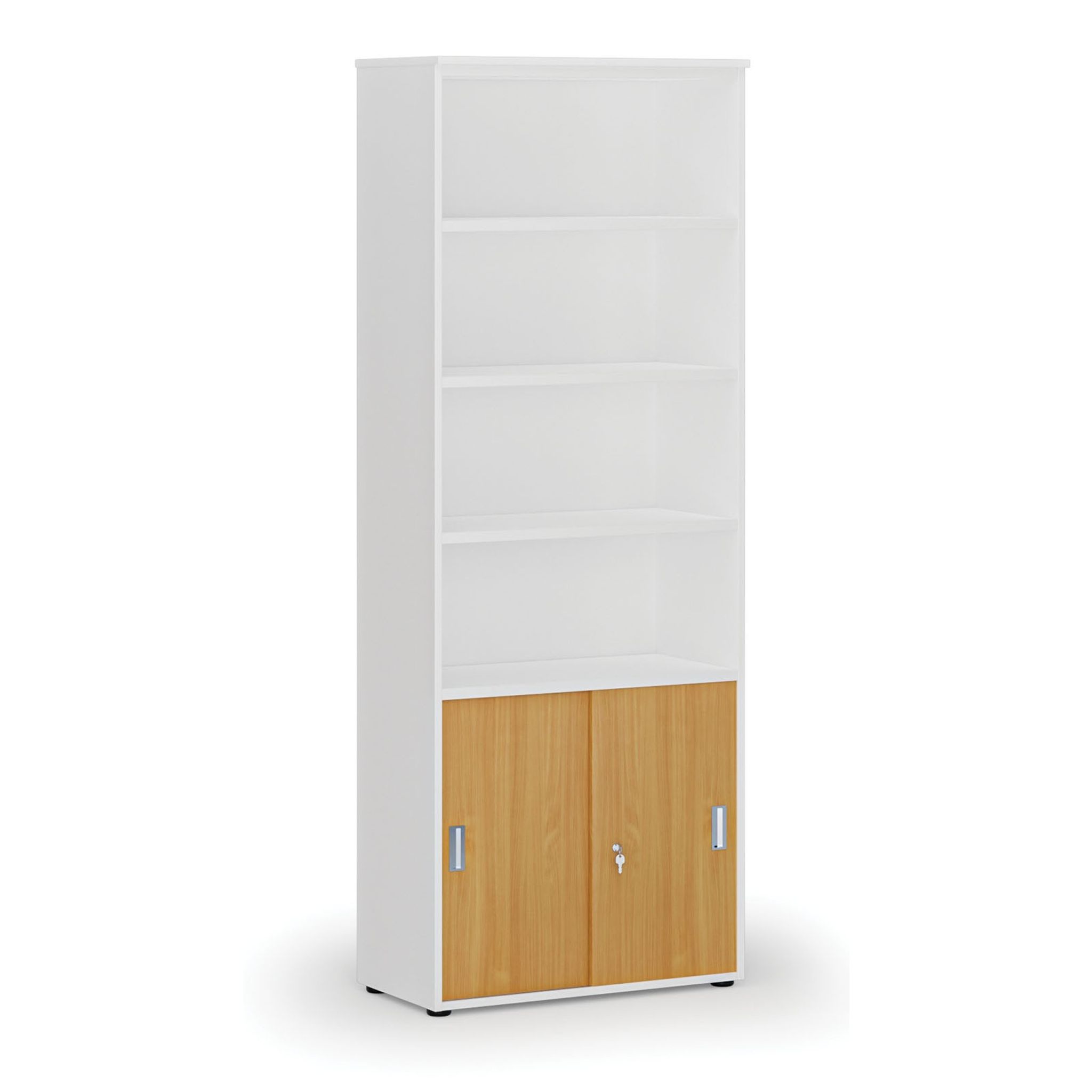 Büro-Kombischrank PRIMO WHITE, Schiebetür auf 2 Etagen, 800 x 420 x 2128 mm, Weiß/Buche