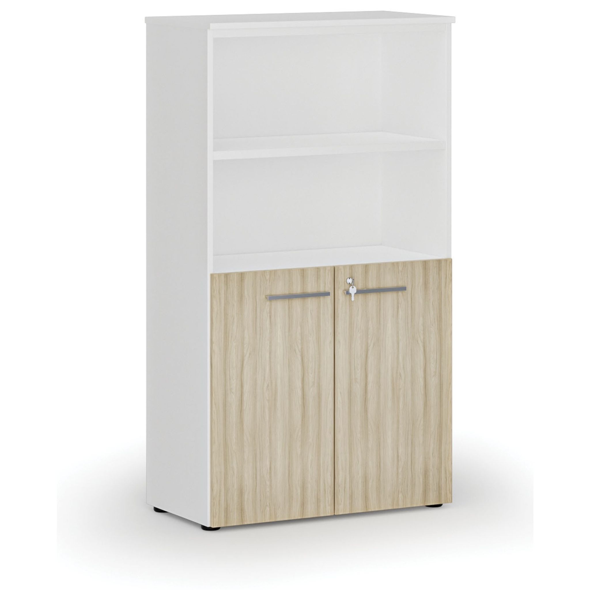 Büro-Kombischrank PRIMO WHITE, Tür auf 2 Etagen, 800 x 420 x 1434 mm, Weiß/Eiche natur