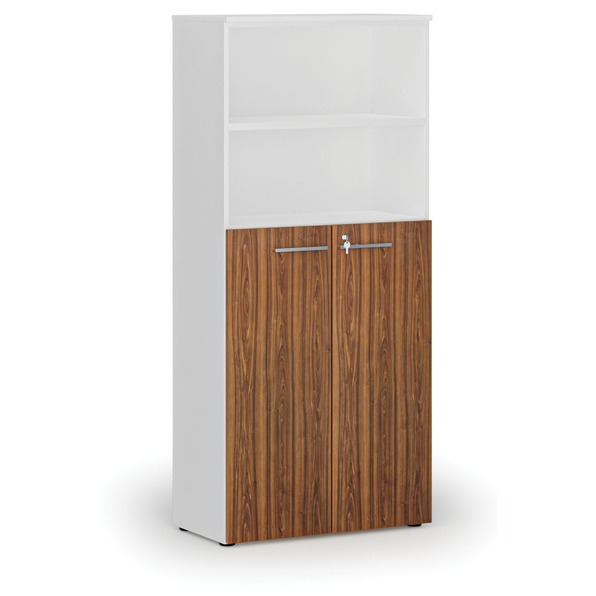 Büro-Kombischrank PRIMO WHITE, Tür auf 3 Etagen, 800 x 420 x 1781 mm, Weiß/Nussbaum
