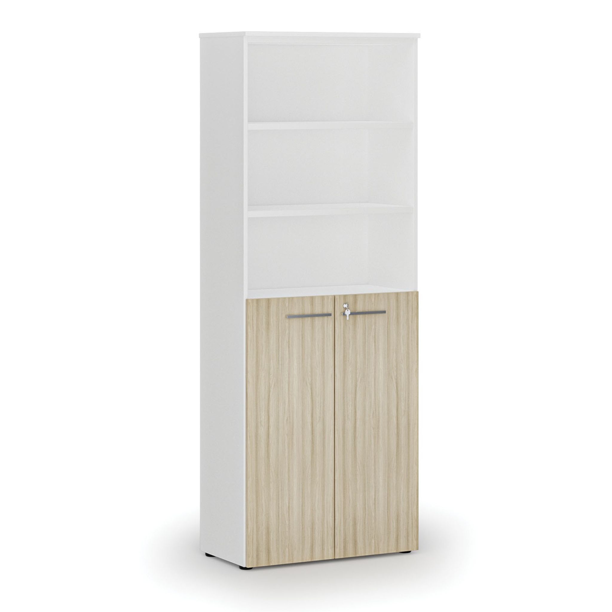 Büro-Kombischrank PRIMO WHITE, Tür auf 3 Etagen, 800 x 420 x 2128 mm, Eiche weiß/natur
