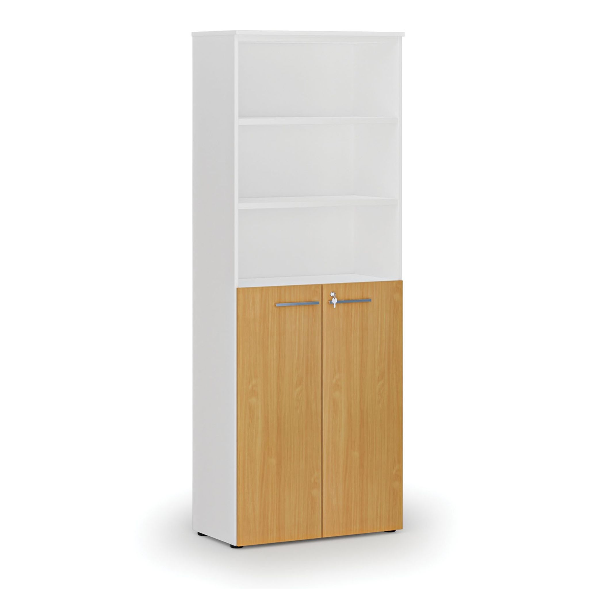 Büro-Kombischrank PRIMO WHITE, Tür auf 3 Etagen, 800 x 420 x 2128 mm, Weiß/Buche