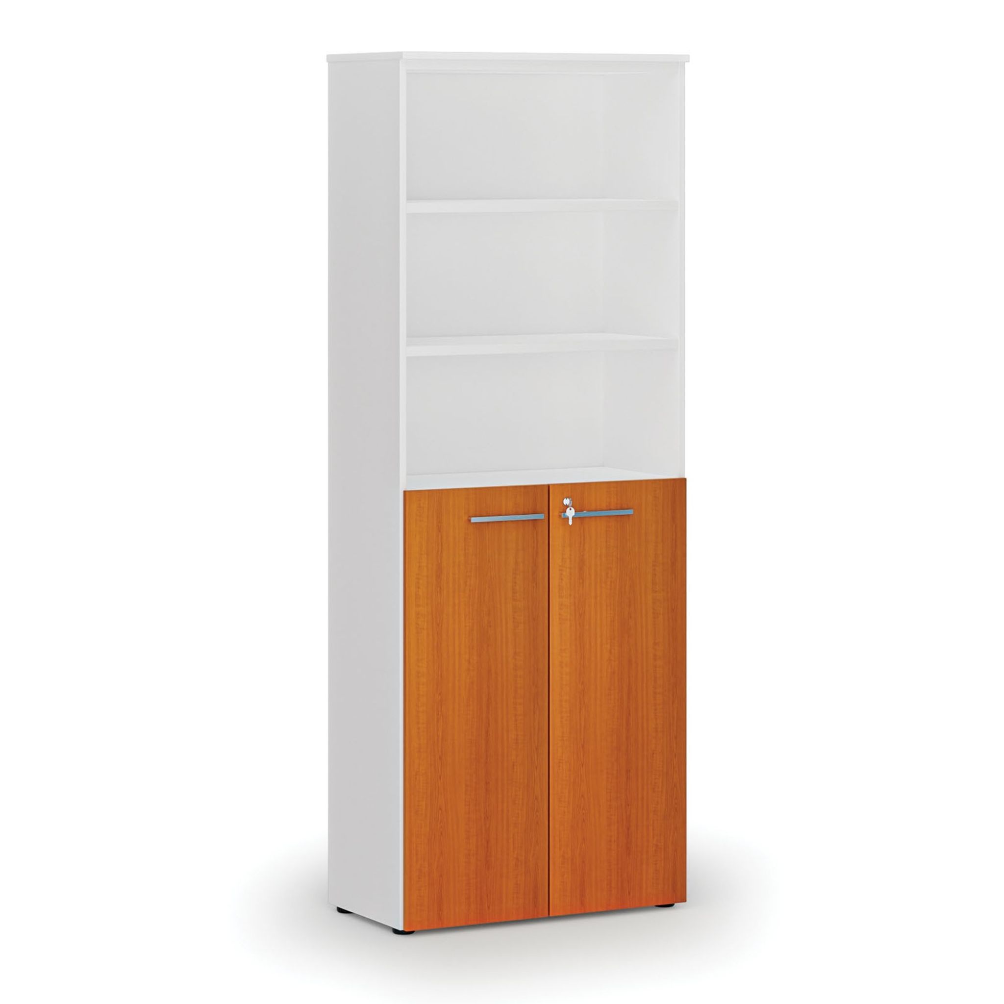 Büro-Kombischrank PRIMO WHITE, Tür auf 3 Etagen, 800 x 420 x 2128 mm, weiß/Kirsche