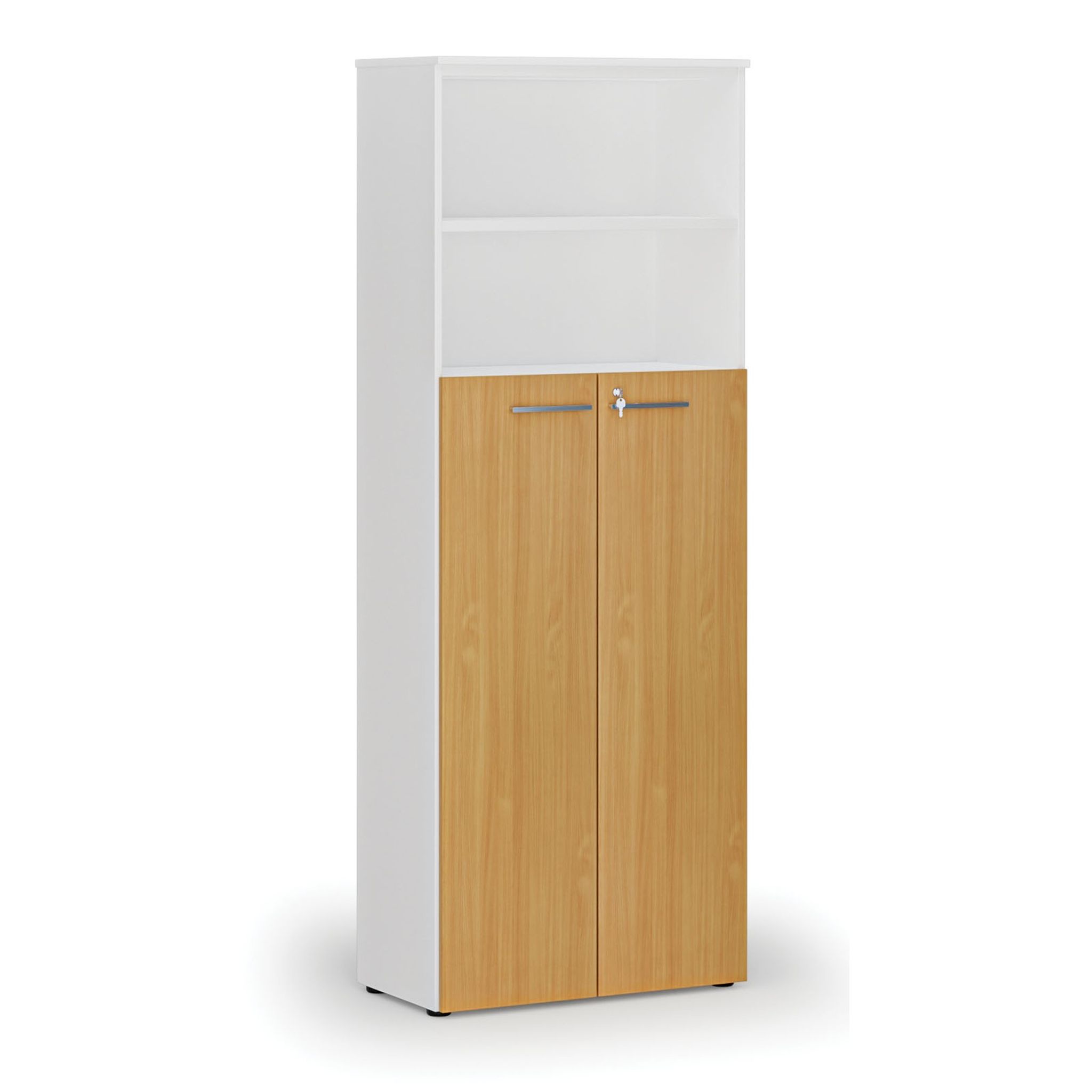 Büro-Kombischrank PRIMO WHITE, Tür auf 4 Etagen, 800 x 420 x 2128 mm, Weiß/Buche