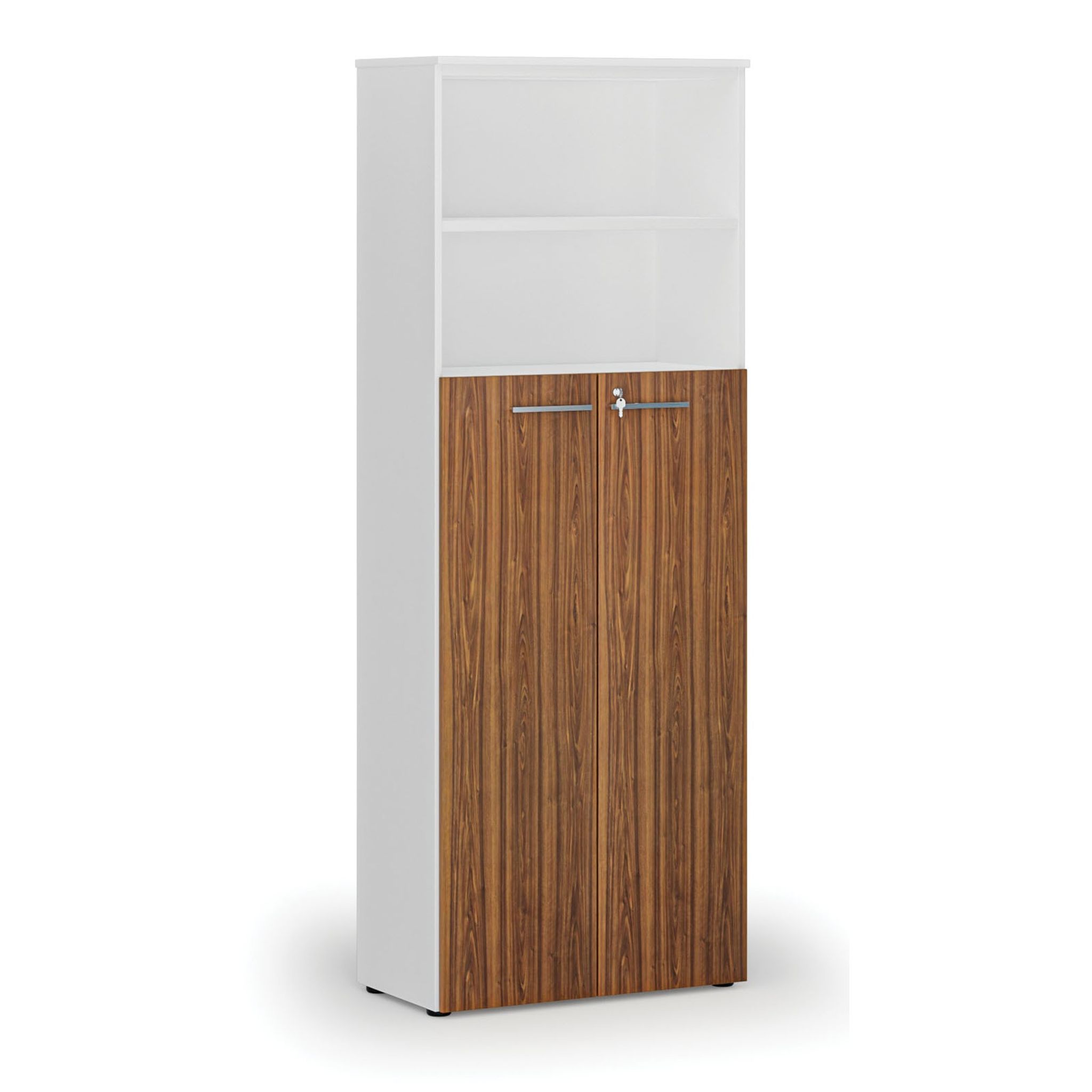 Büro-Kombischrank PRIMO WHITE, Tür auf 4 Etagen, 800 x 420 x 2128 mm, weiß/Nussbaum