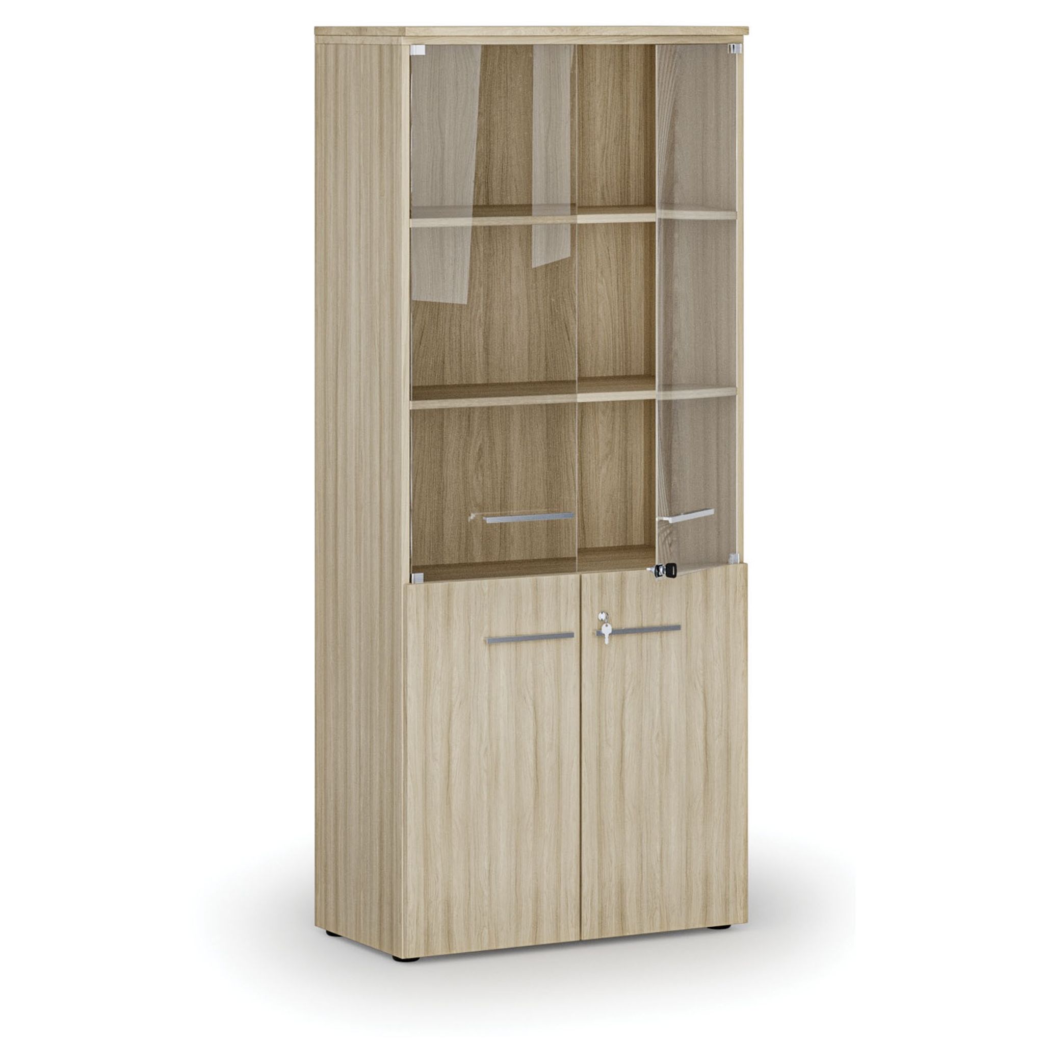 Büro-Kombischrank PRIMO WOOD mit Holz- und Glastür, 800 x 420 x 1781 mm, Eiche natur