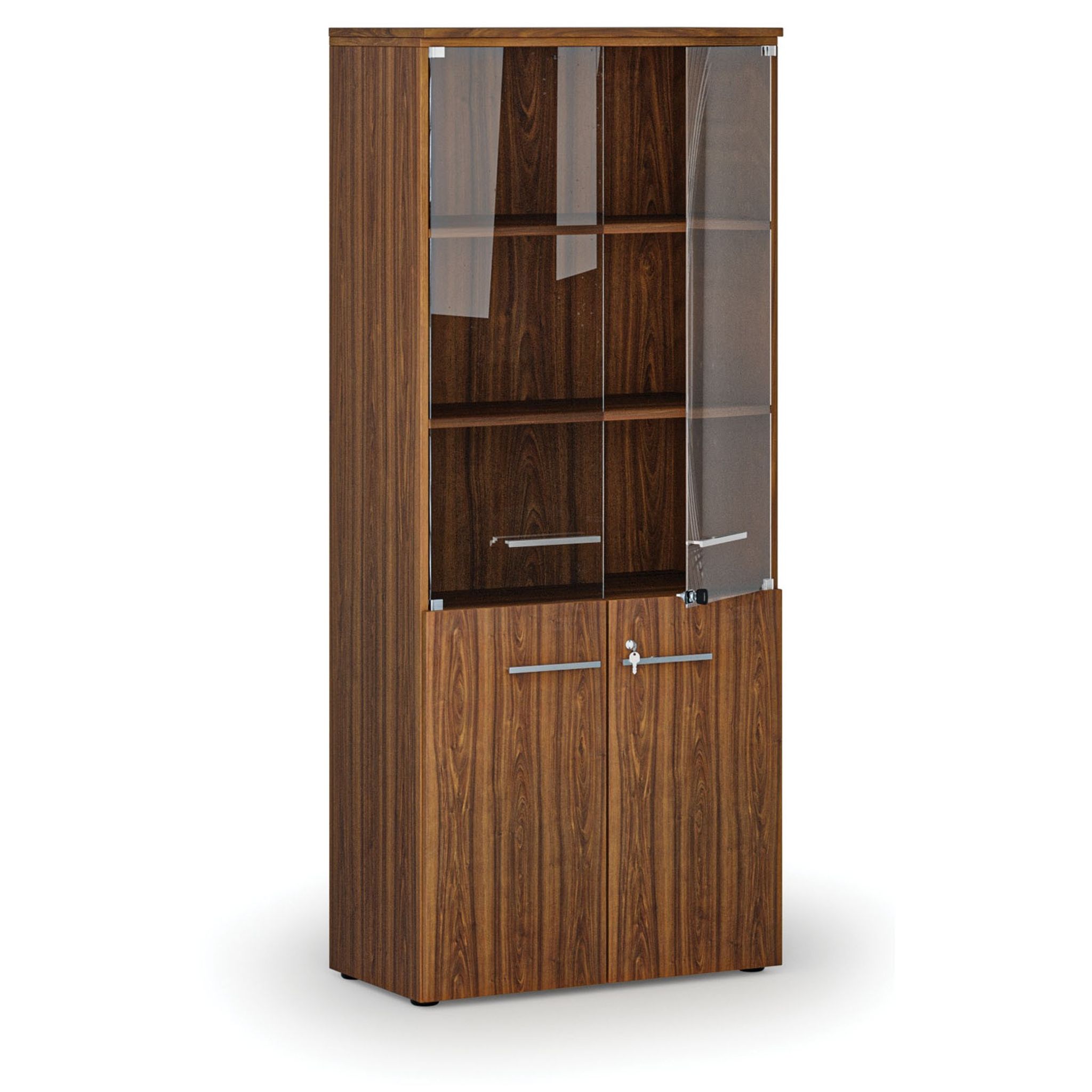 Büro-Kombischrank PRIMO WOOD mit Holz- und Glastür, 800 x 420 x 1781 mm, Nussbaum