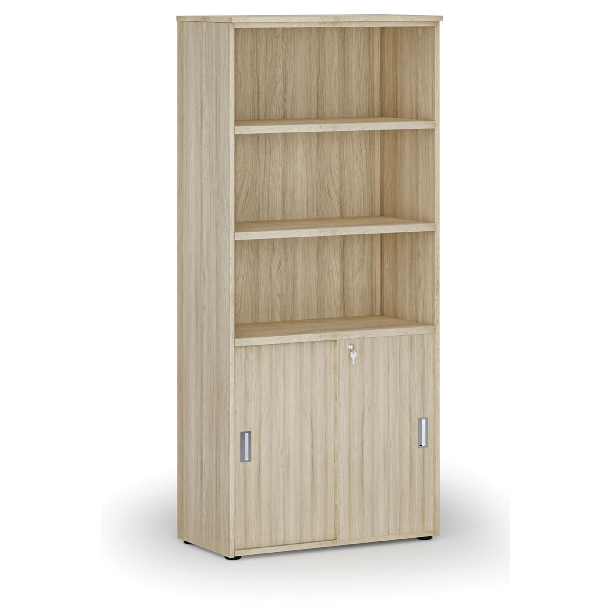 Büro-Kombischrank PRIMO WOOD, Schiebetür auf 2 Etagen, 1781 x 800 x 420 mm, Eiche natur