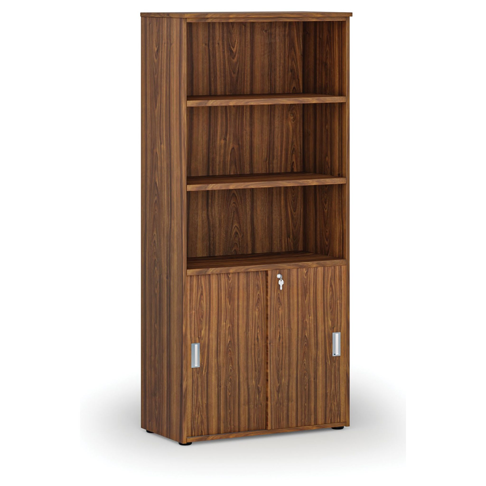 Büro-Kombischrank PRIMO WOOD, Schiebetür auf 2 Etagen, 1781 x 800 x 420 mm, Nussbaum