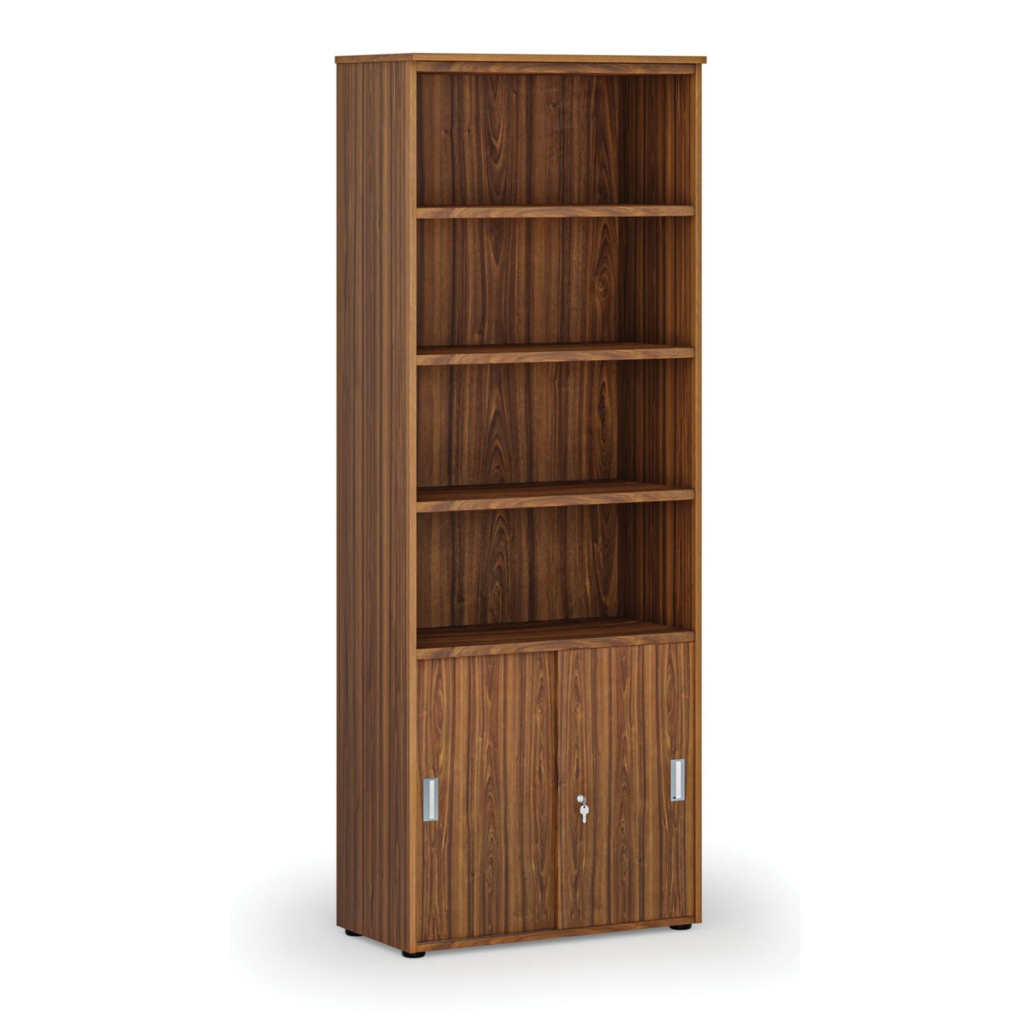 Büro-Kombischrank PRIMO WOOD, Schiebetür auf 2 Etagen, 2128 x 800 x 420 mm, Nussbaum