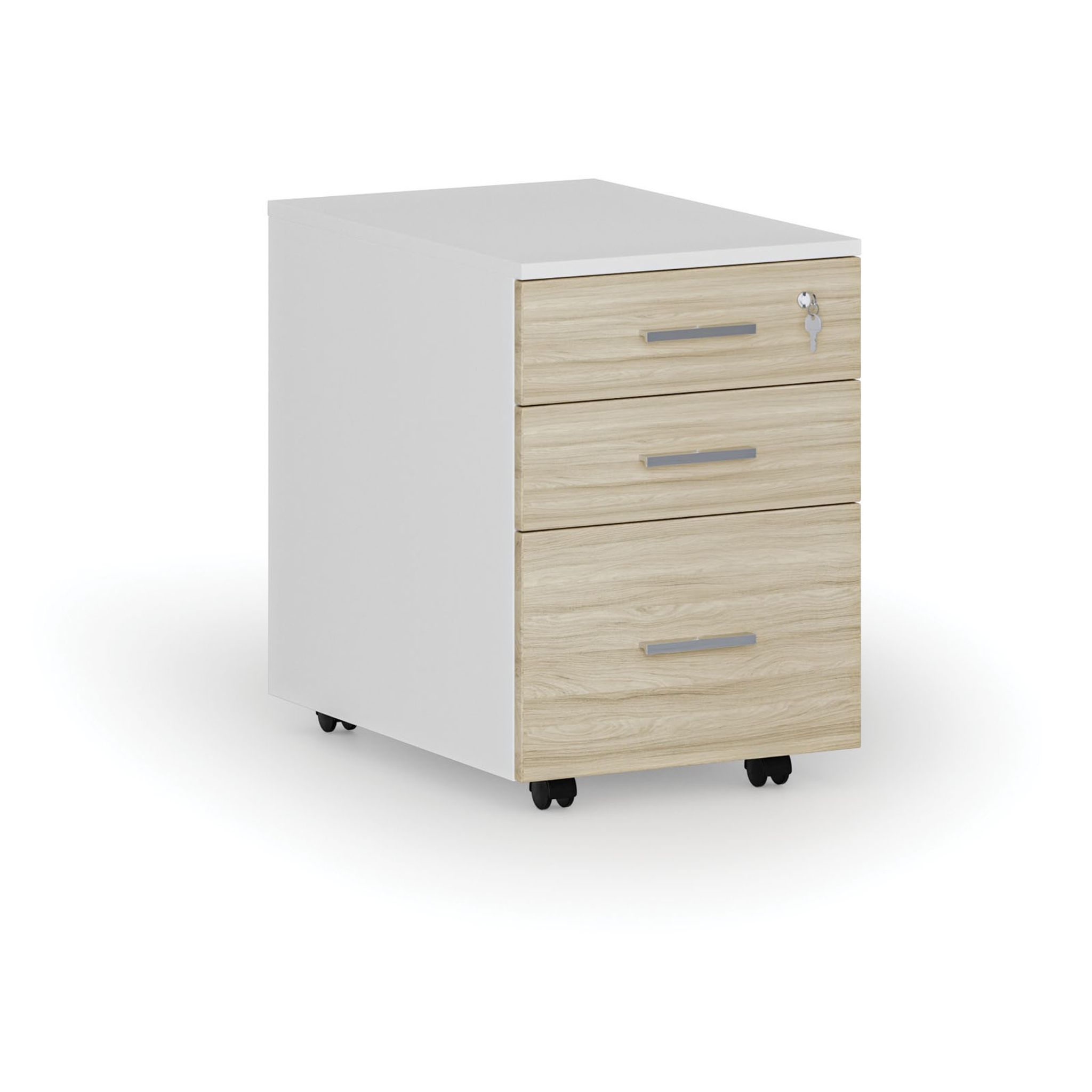 Büro-Rollcontainer für Hängeregister PRIMO WHITE, 3 Schubladen, weiß/Eiche natur