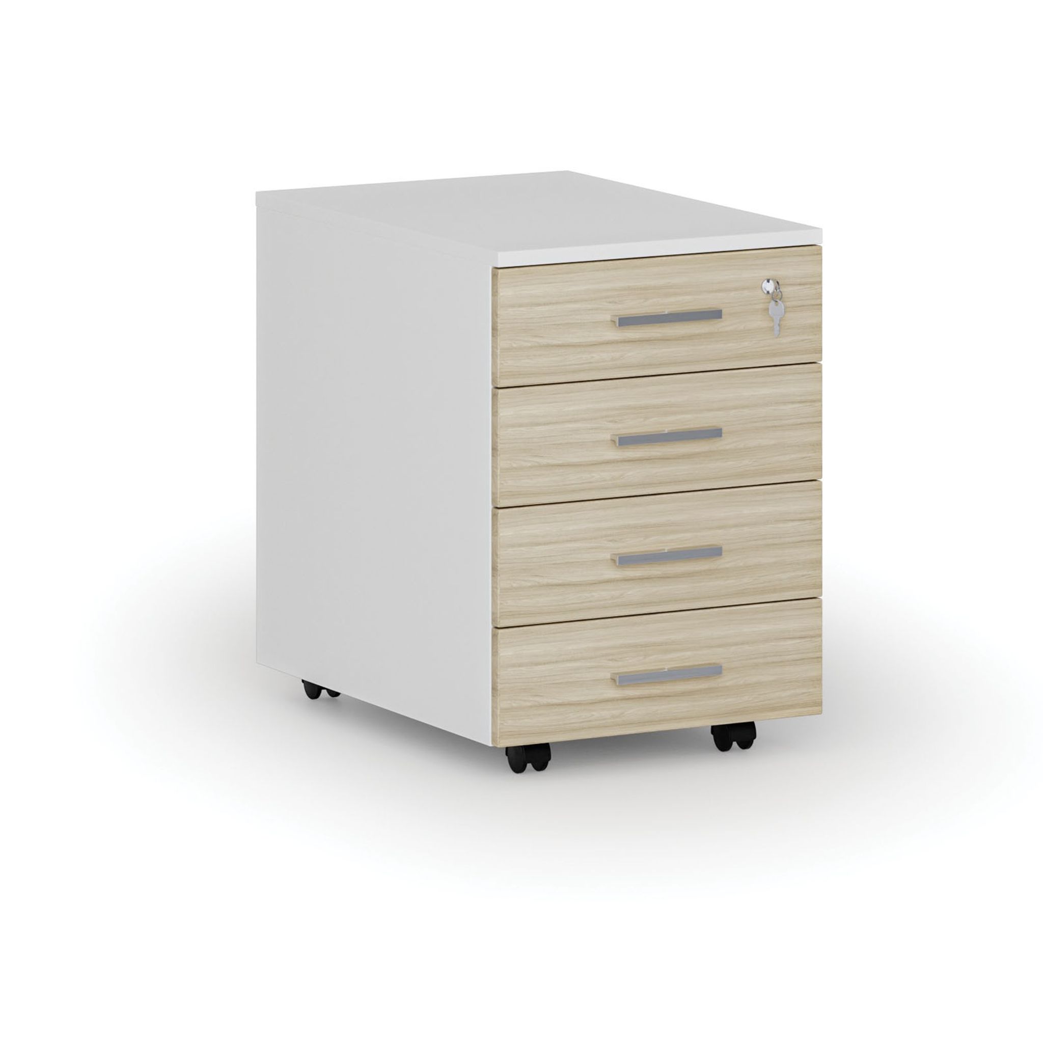 Büro-Rollcontainer PRIMO WHITE, 4 Schubladen, weiß/Eiche natur