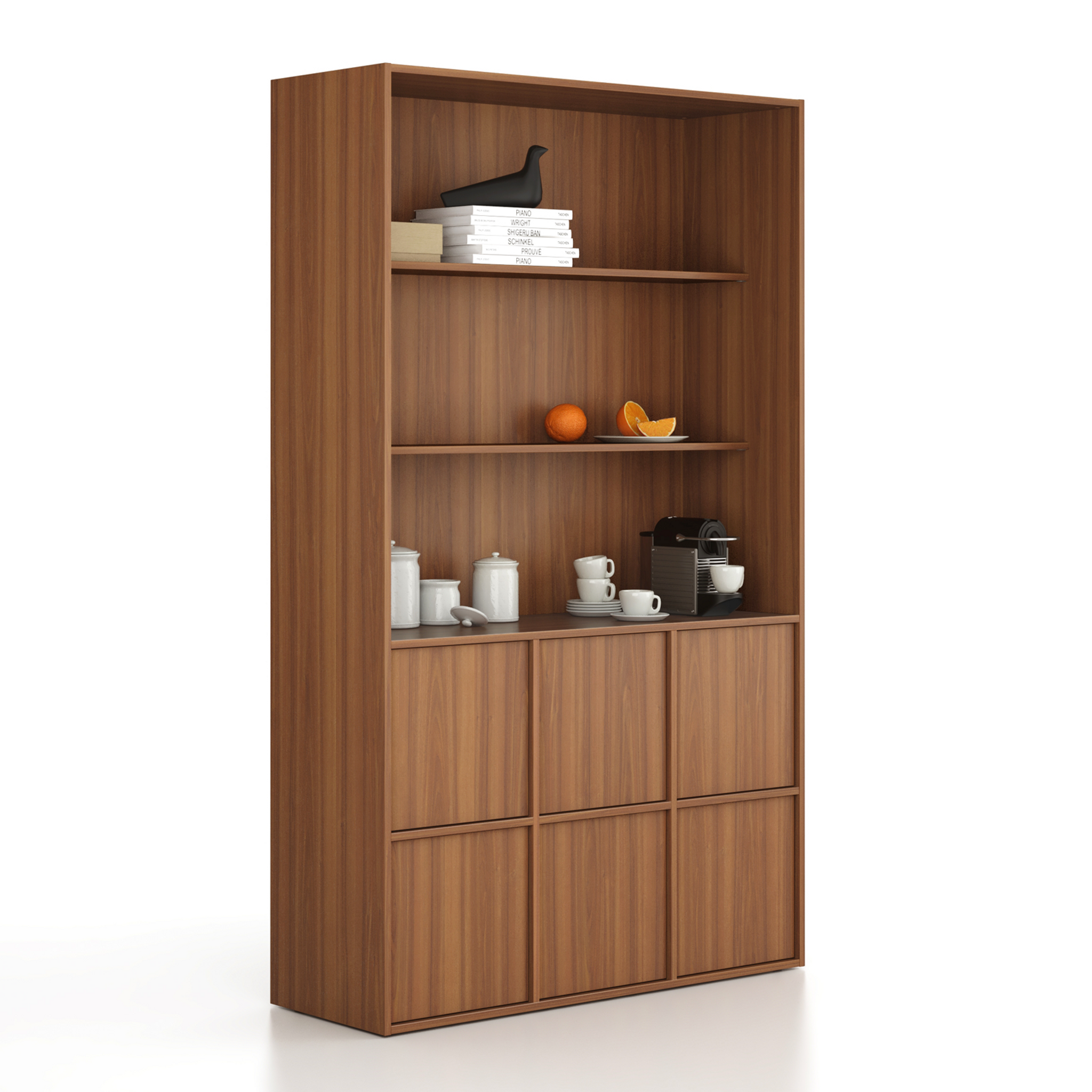 Büroschrank FRAME, 6x Türen, 2x Einlegeböden, 1299 x 450 x 2162 mm, PUSH-lock, Nussbaum