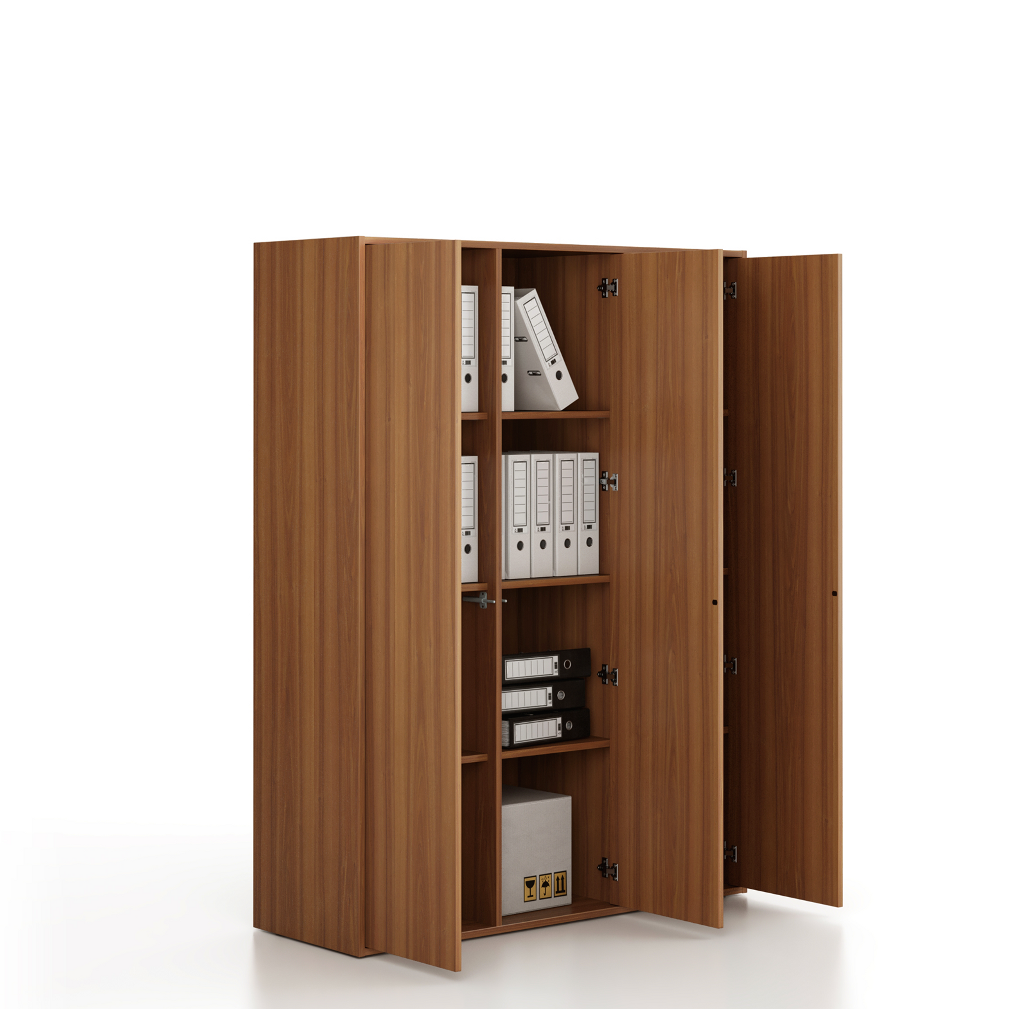 Büroschrank FRAME, niedrig, 3 Türen, 1299 x 450 x 1735 mm, PUSH-lock, Nussbaum