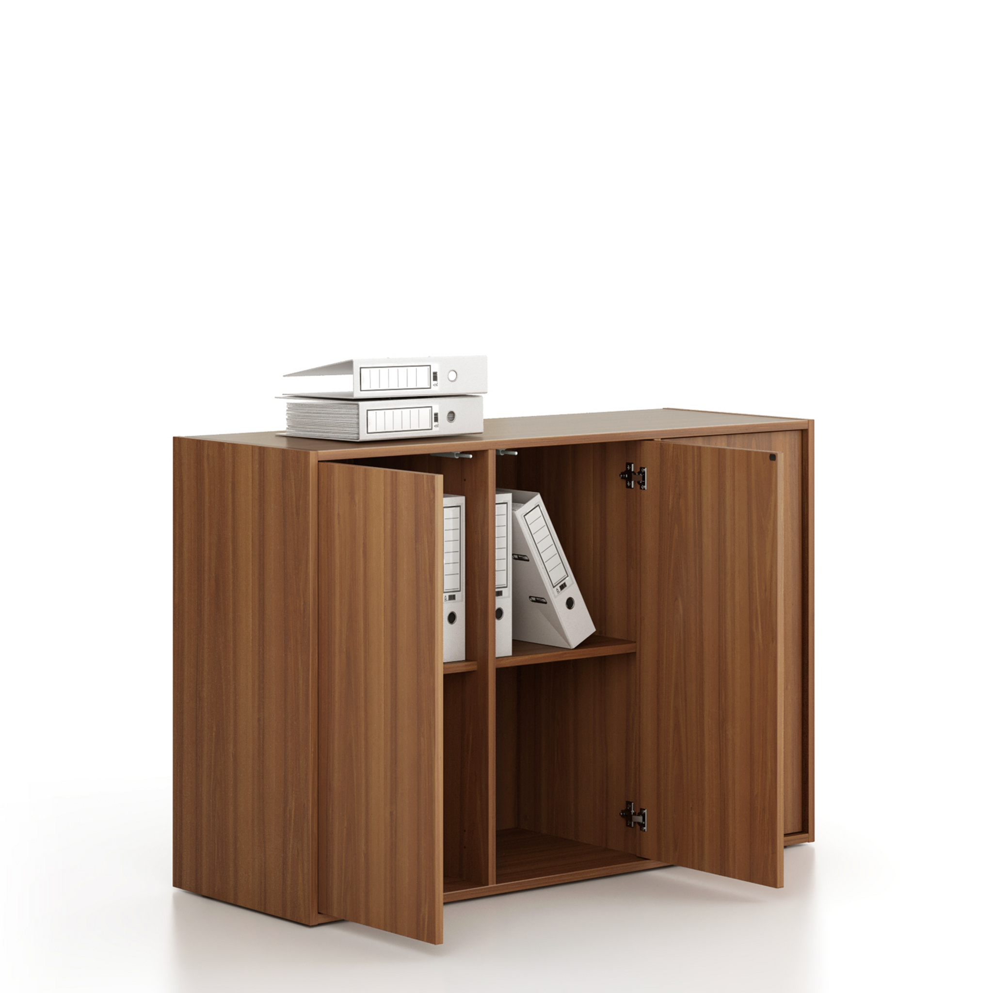 Büroschrank FRAME, niedrig, 3 Türen, 1299 x 450 x 881 mm, PUSH-lock, Nussbaum
