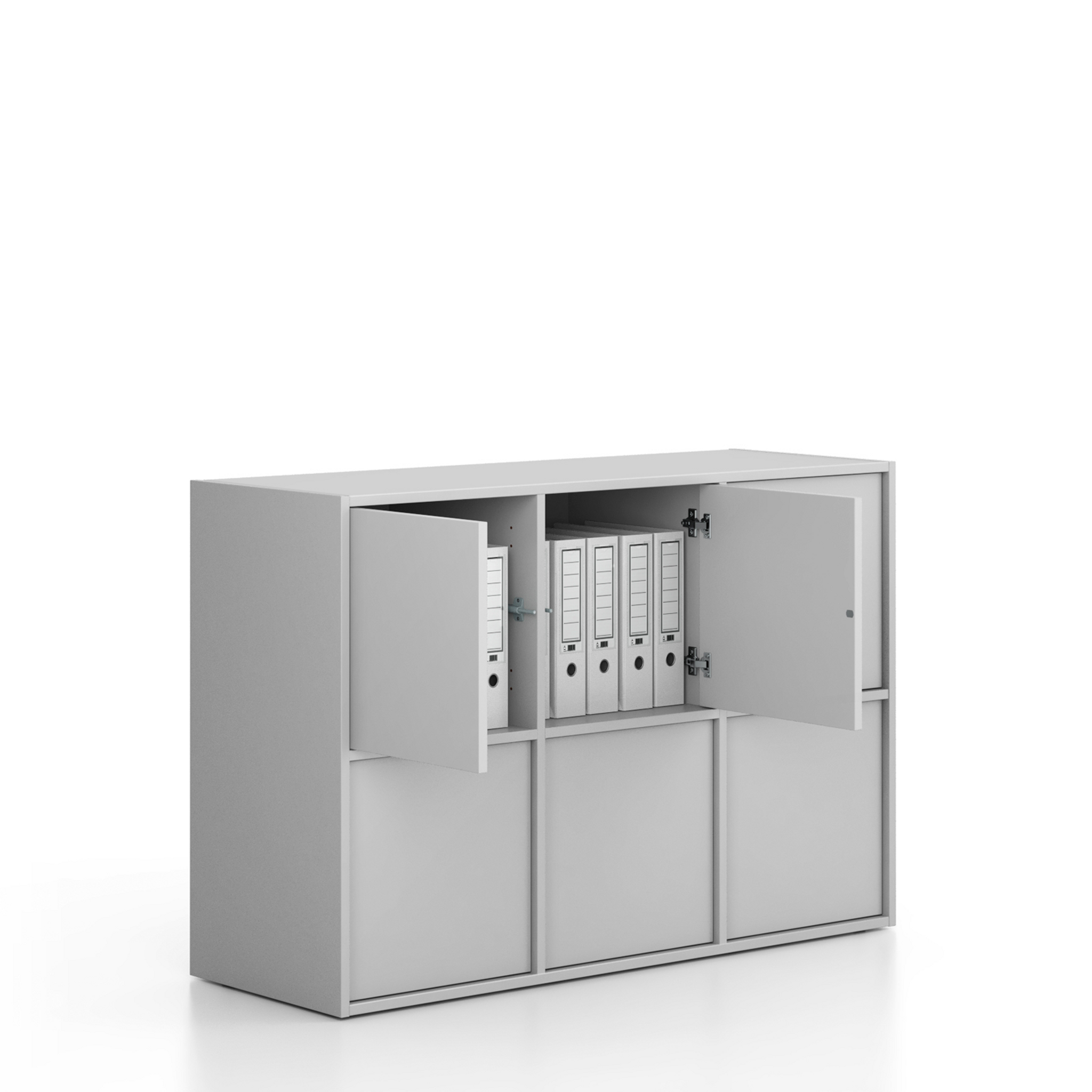 Büroschrank FRAME, niedrig, 6x Türen, 1299 x 450 x 881 mm, PUSH-lock, grau