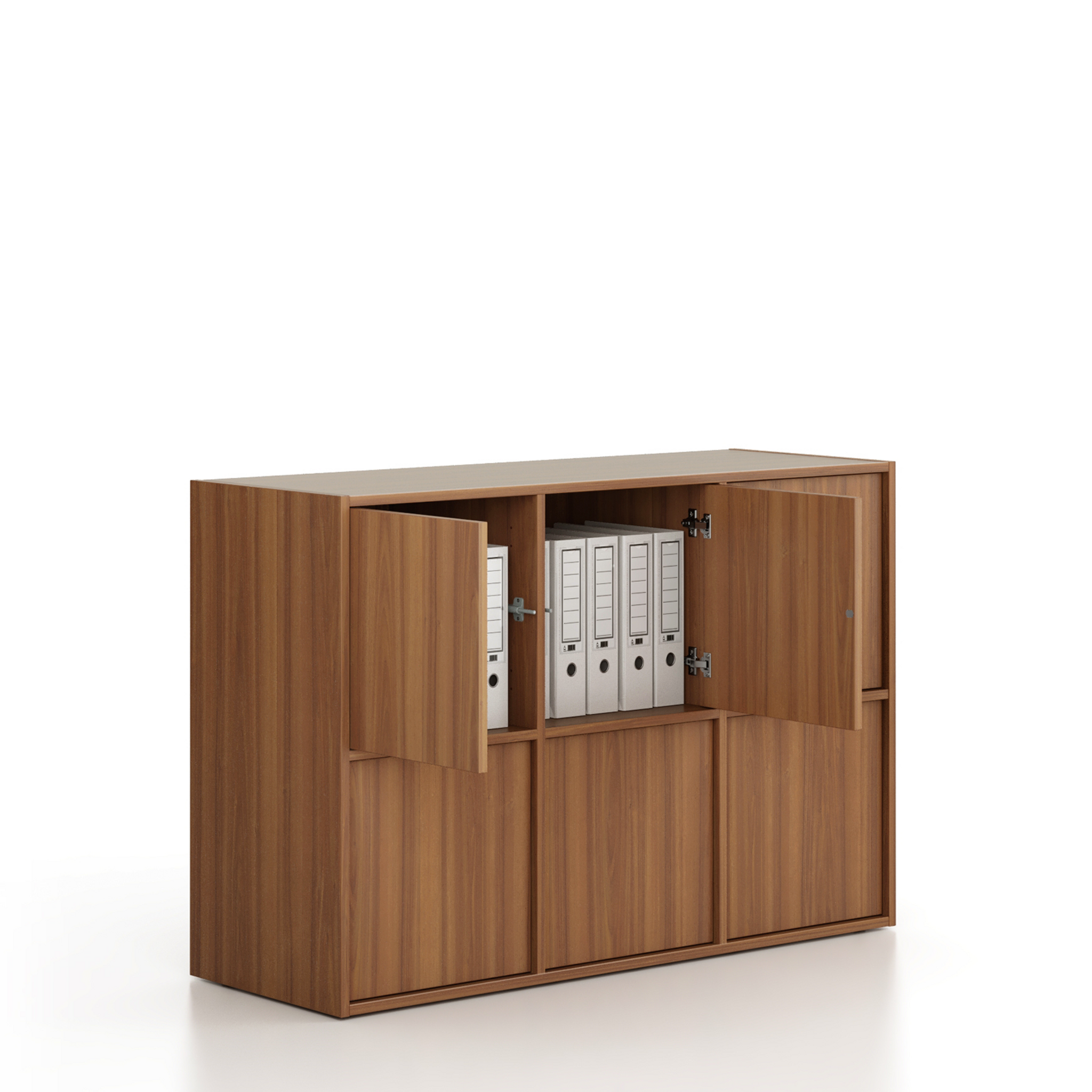 Büroschrank FRAME, niedrig, 6x Türen, 1299 x 450 x 881 mm, PUSH-lock, Nussbaum