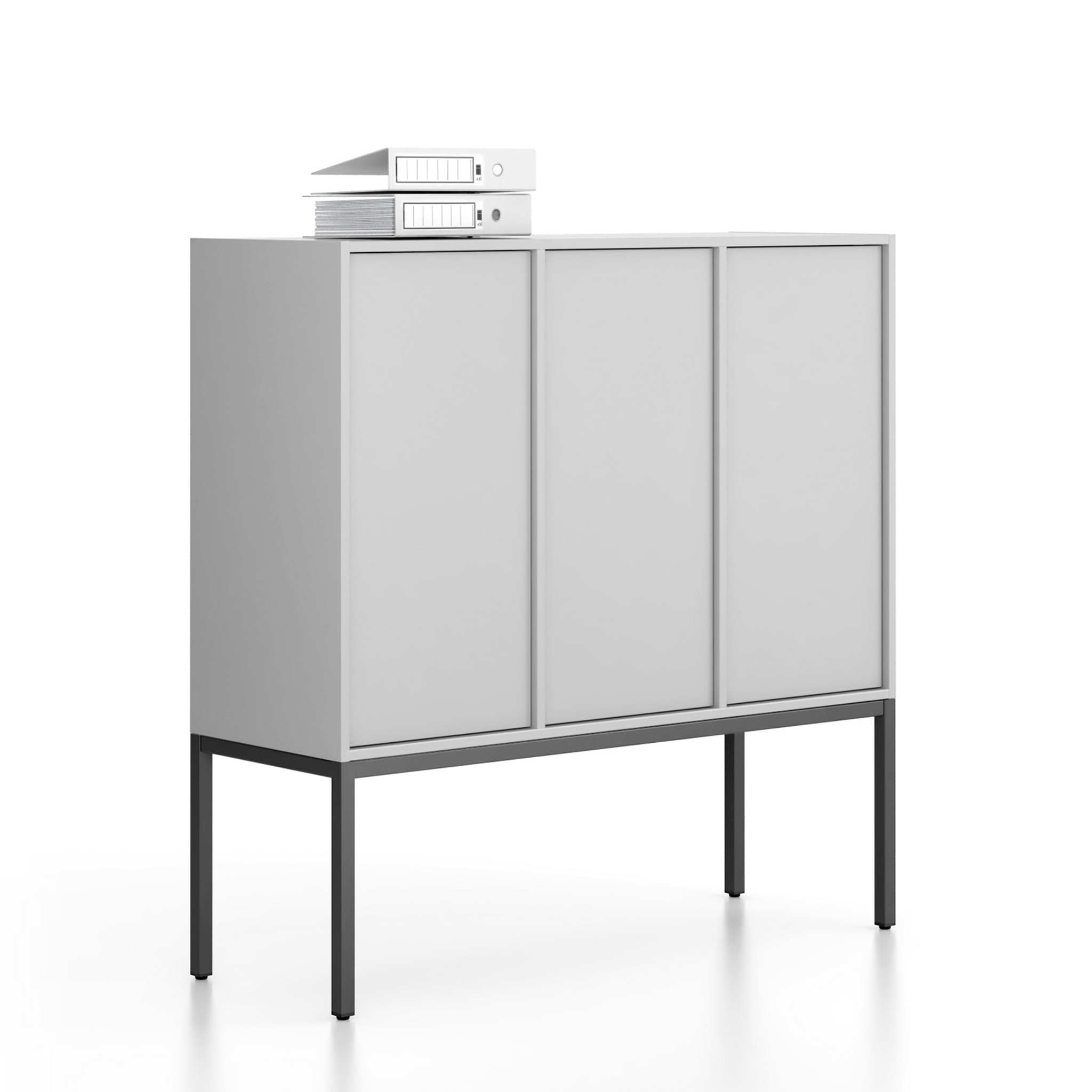 Büroschrank FRAME, niedrig, schwarz Gestell, 3x Türen, 1299 x 450 x 1331 mm, PUSH-lock, grau