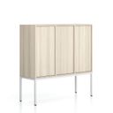 Büroschrank FRAME, niedrig, weißes Gestell, 3x Türen, 1299 x 450 x 1331 mm, PUSH-lock, Eiche natur