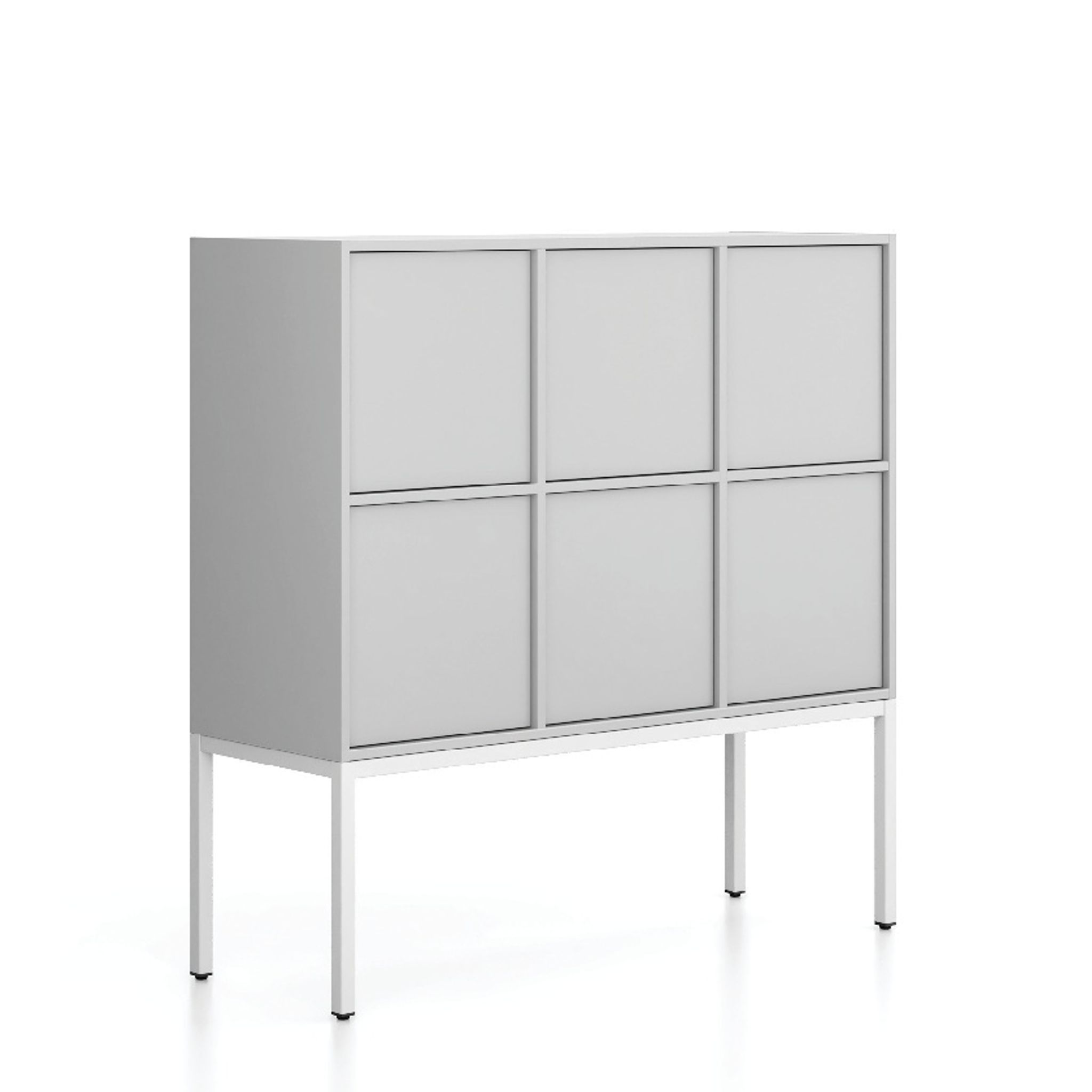 Büroschrank FRAME, niedrig, weißes Gestell, 6x Türen, 1299 x 450 x 1331 mm, PUSH-lock, grau