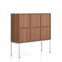 Büroschrank FRAME, niedrig, weißes Gestell, 6x Türen, 1299 x 450 x 1331 mm, PUSH-lock, Nussbaum