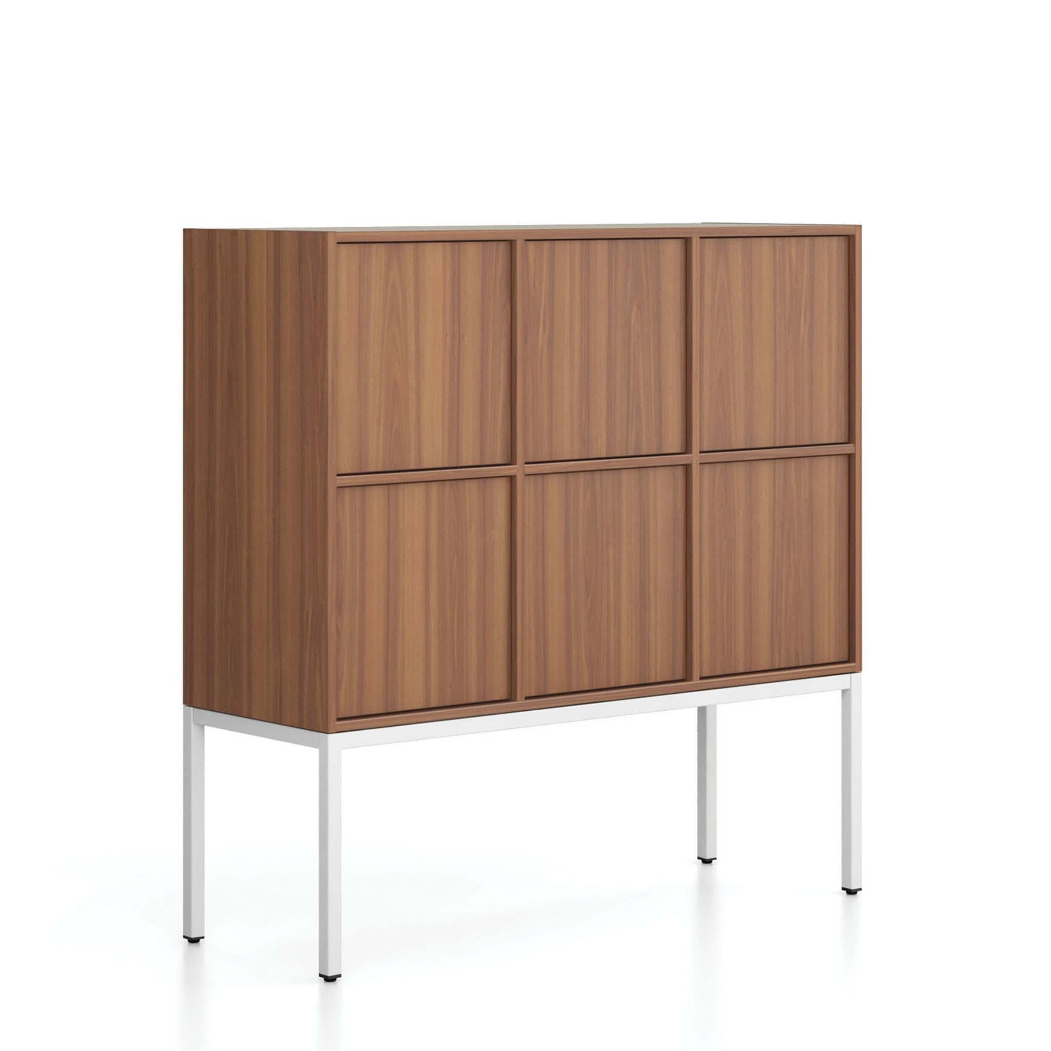 Büroschrank FRAME, niedrig, weißes Gestell, 6x Türen, 1299 x 450 x 1331 mm, PUSH-lock, Nussbaum