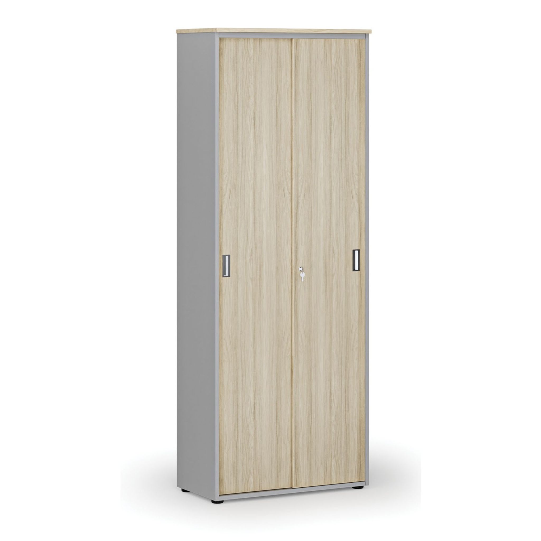 Büroschrank mit Schiebetür, 2128 x 800 x 420 mm, Eiche grau/natur