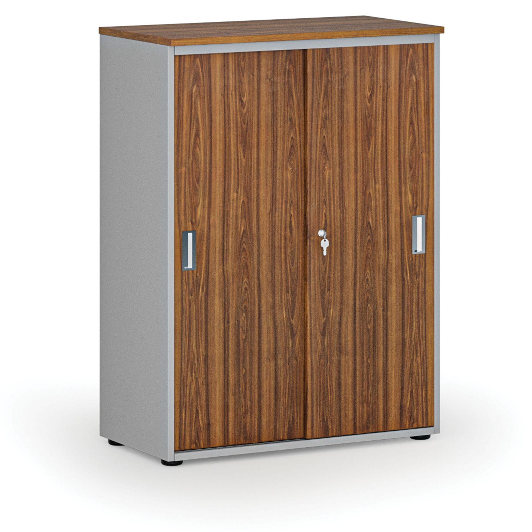 Büroschrank mit Schiebetür PRIMO GRAY, 800 x 420 x 1087 mm, grau/Nussbaum