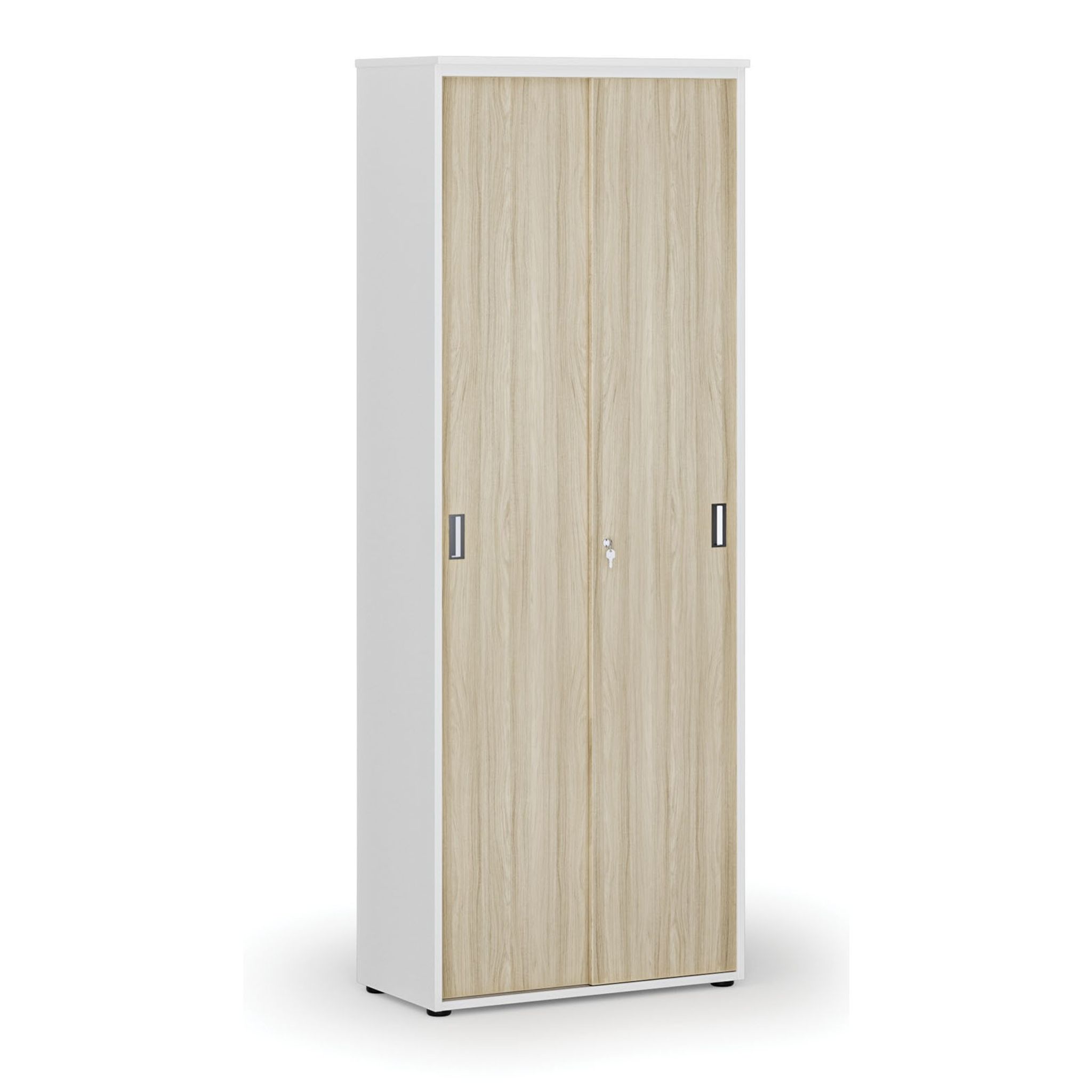 Büroschrank mit Schiebetür PRIMO WHITE, 2128 x 800 x 420 mm, Weiß/Eiche Natur