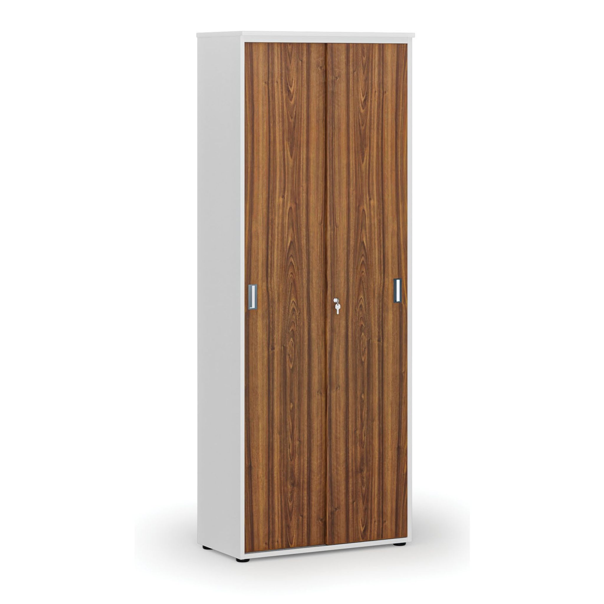 Büroschrank mit Schiebetür PRIMO WHITE, 2128 x 800 x 420 mm, Weiß/Nussbaum
