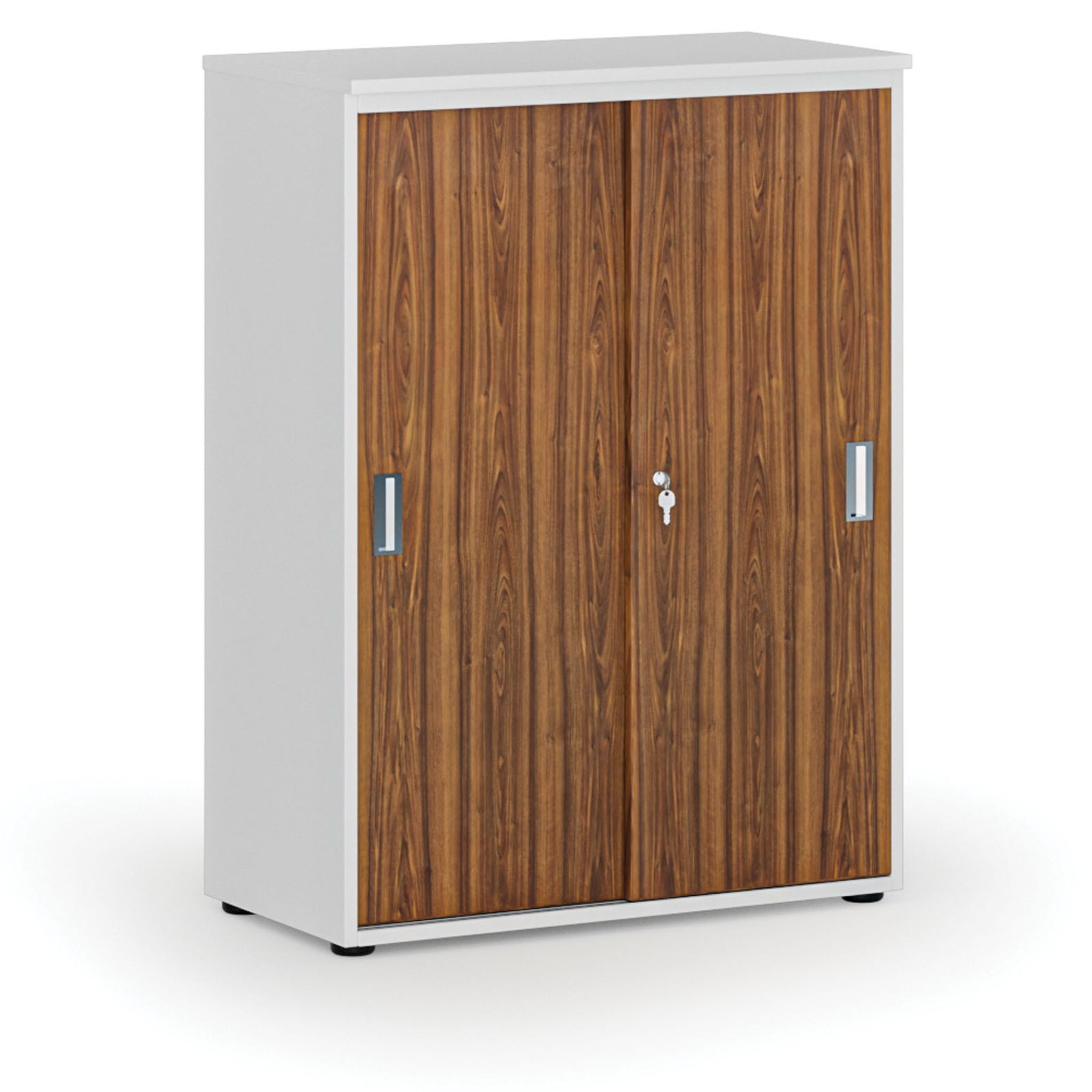 Büroschrank mit Schiebetür PRIMO WHITE, 800 x 420 x 1087 mm, Weiß/Nussbaum