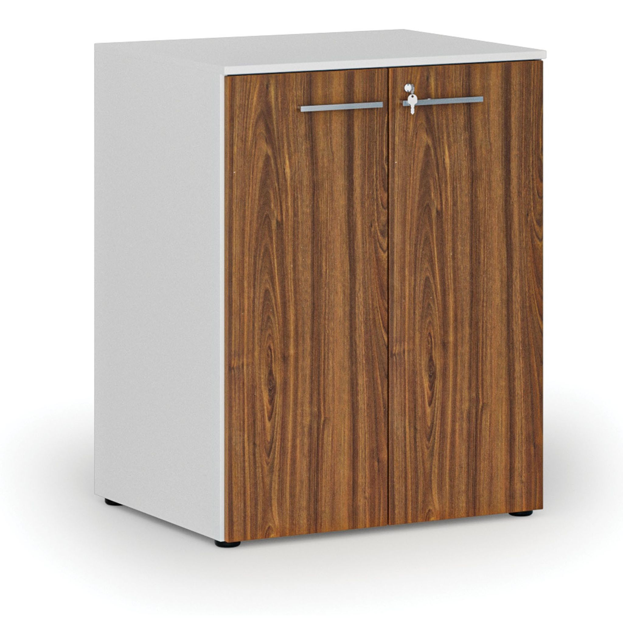 Büroschrank mit Tür PRIMO WHITE, 2 Einlegeböden, 800 x 640 x 1027 mm, Weiß/Nussbaum