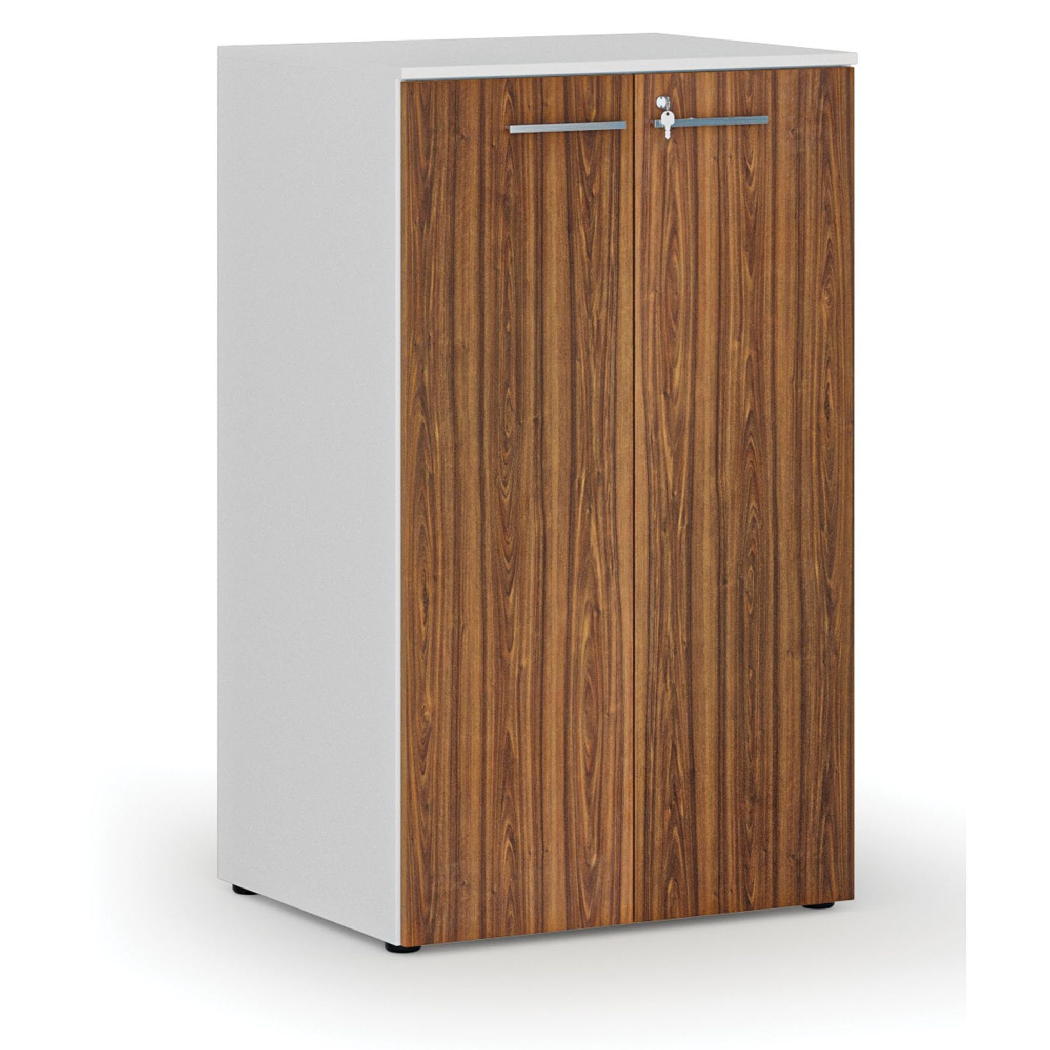 Büroschrank mit Tür PRIMO WHITE, 3 Einlegeböden, 800 x 640 x 1335 mm, Weiß/Nussbaum
