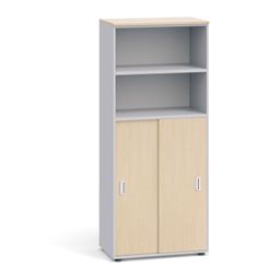 Büroschrank PRIMO, Schiebetür für 3 Ebenen, 1781 x 800 x 420 mm, grau / Birke