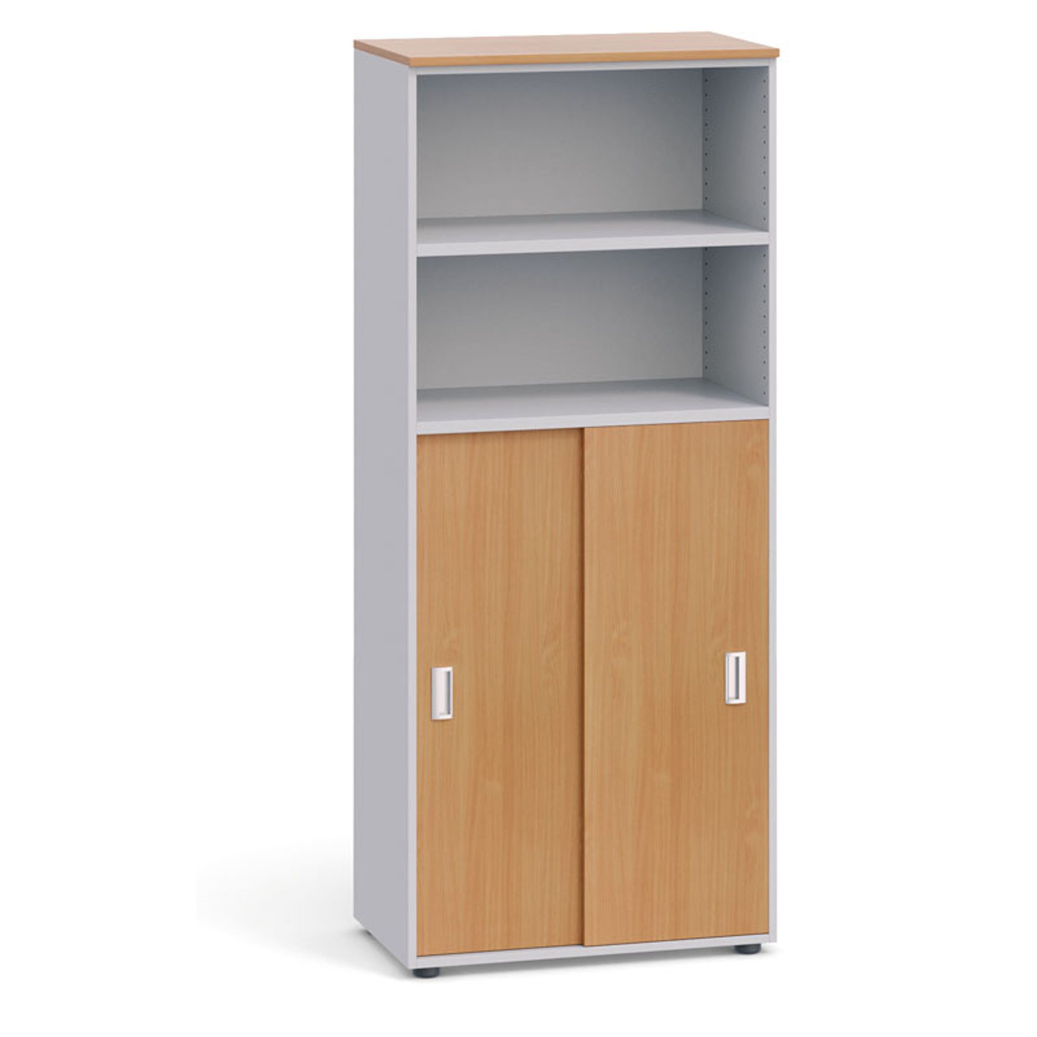 Büroschrank PRIMO, Schiebetür für 3 Ebenen, 1781 x 800 x 420 mm, grau / Buche