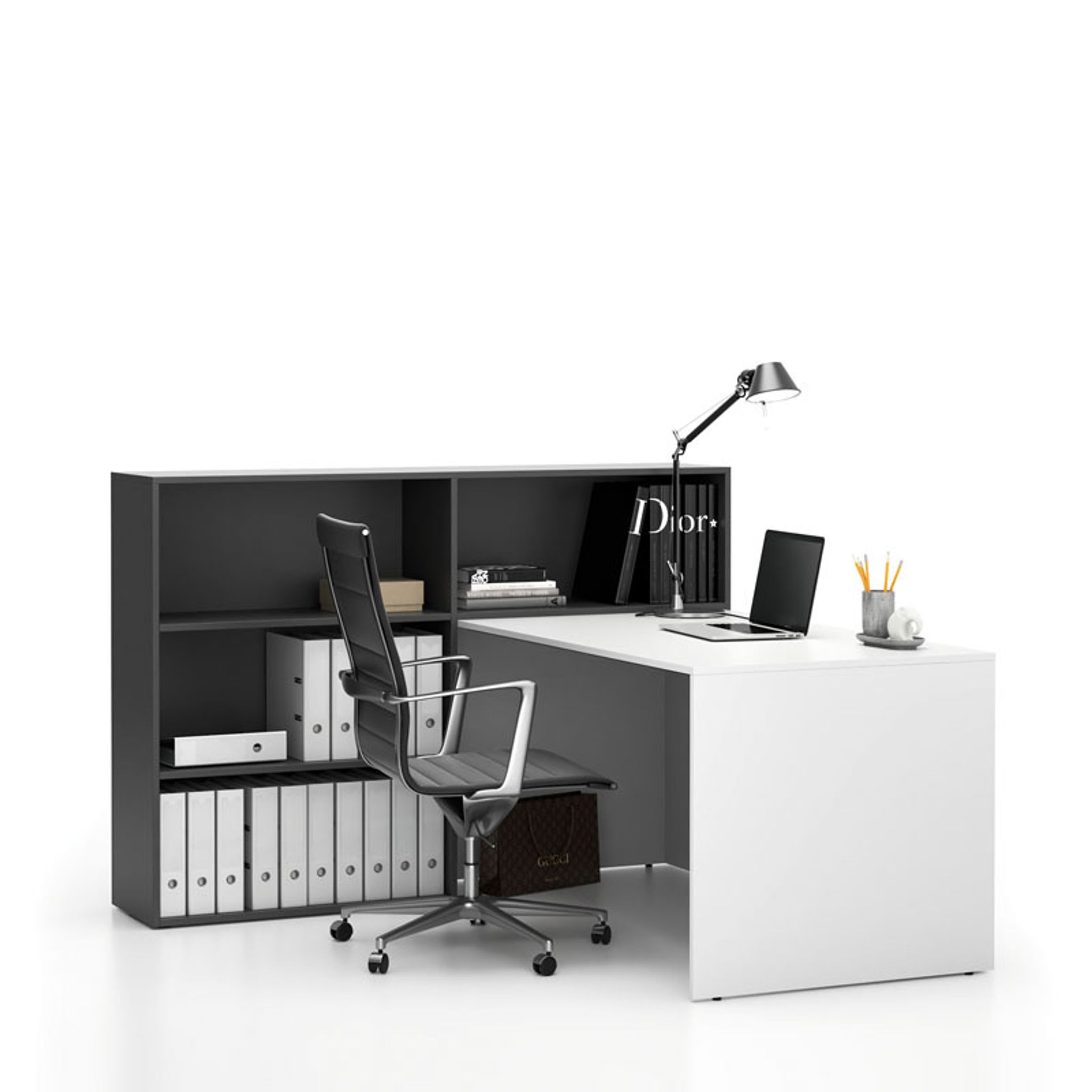 Büroschreibtisch-Set für linke Ecke SEGMENT, mit 3 Einlageböden, weiß/Graphit