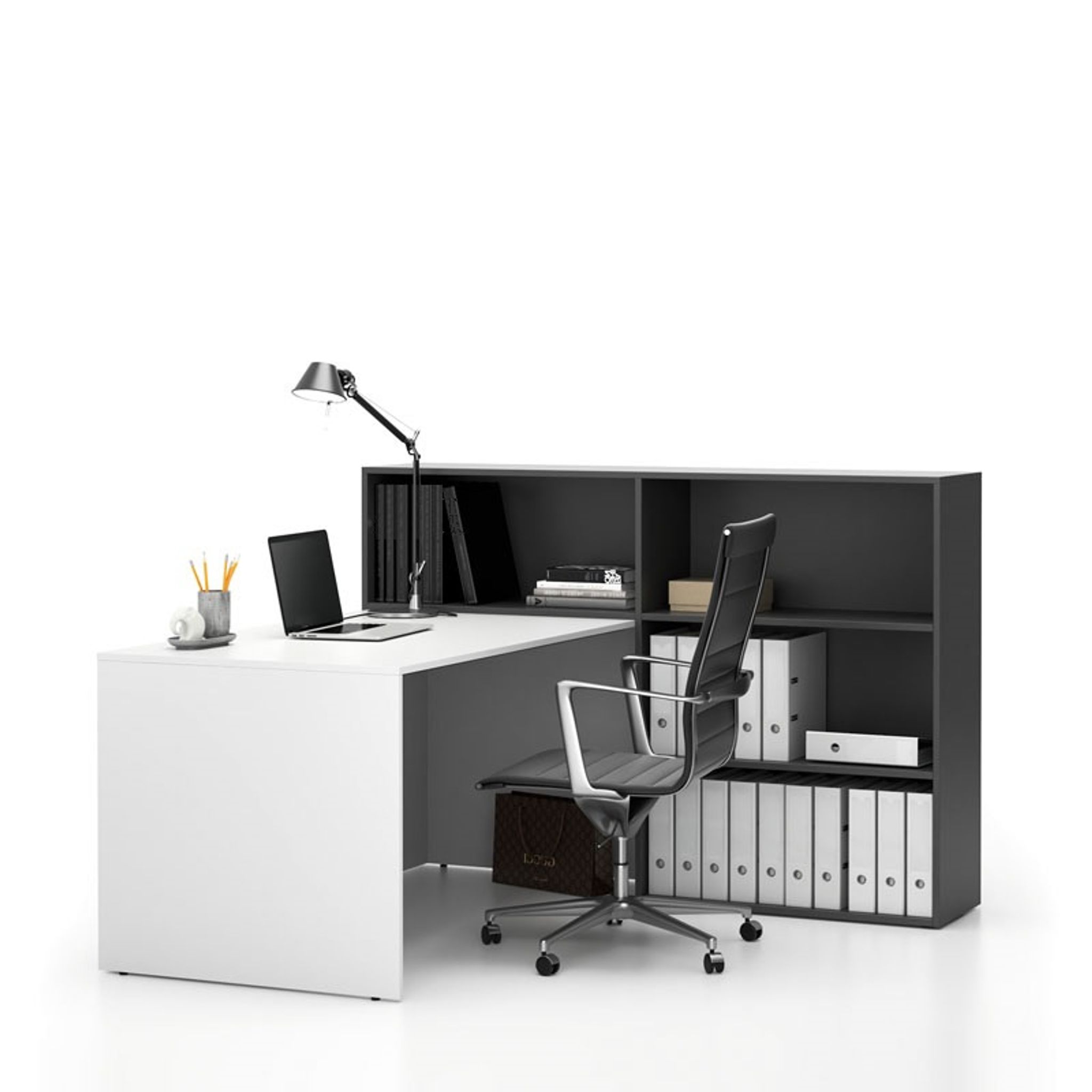Büroschreibtisch-Set für rechte Ecke SEGMENT, mit 3 Einlageböden, weiß/Graphit