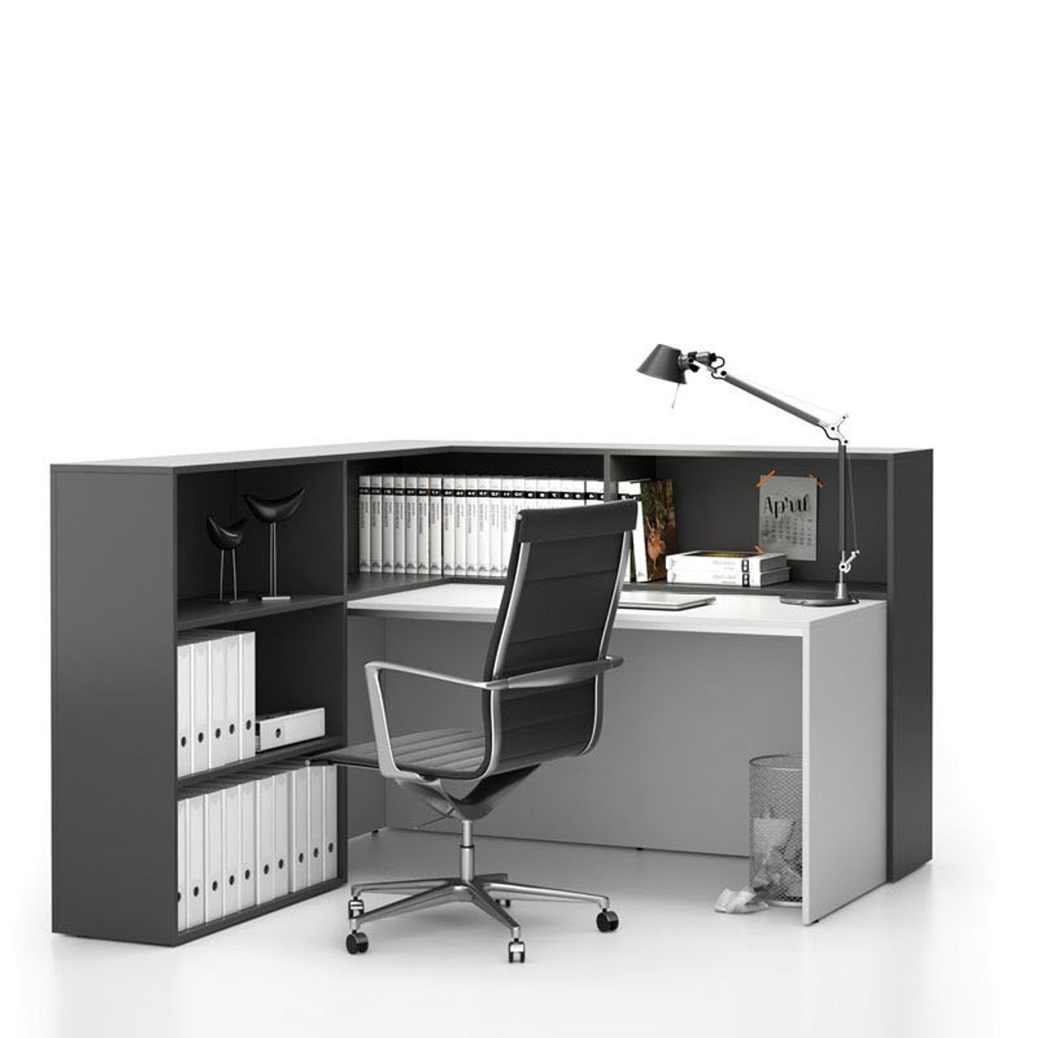 Büroschreibtisch-Set für rechte Ecke SEGMENT, mit 5 Einlageböden, weiß/Graphit