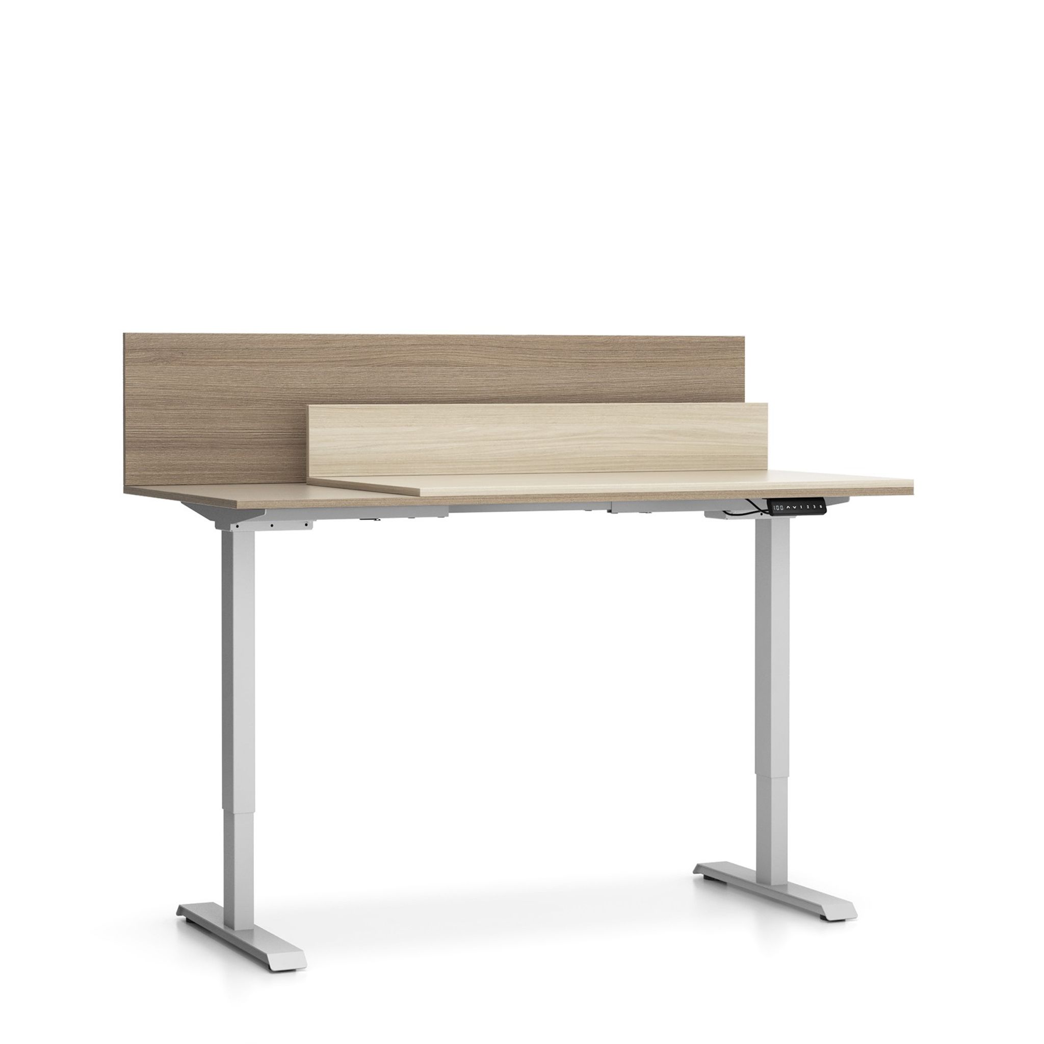 Büroschreibtisch SINGLE LAYERS, 160x80 cm, mit Schiebeplatte und Trennwänden, verstellbare Metallgestell, Eiche natur/Eiche gebeizt