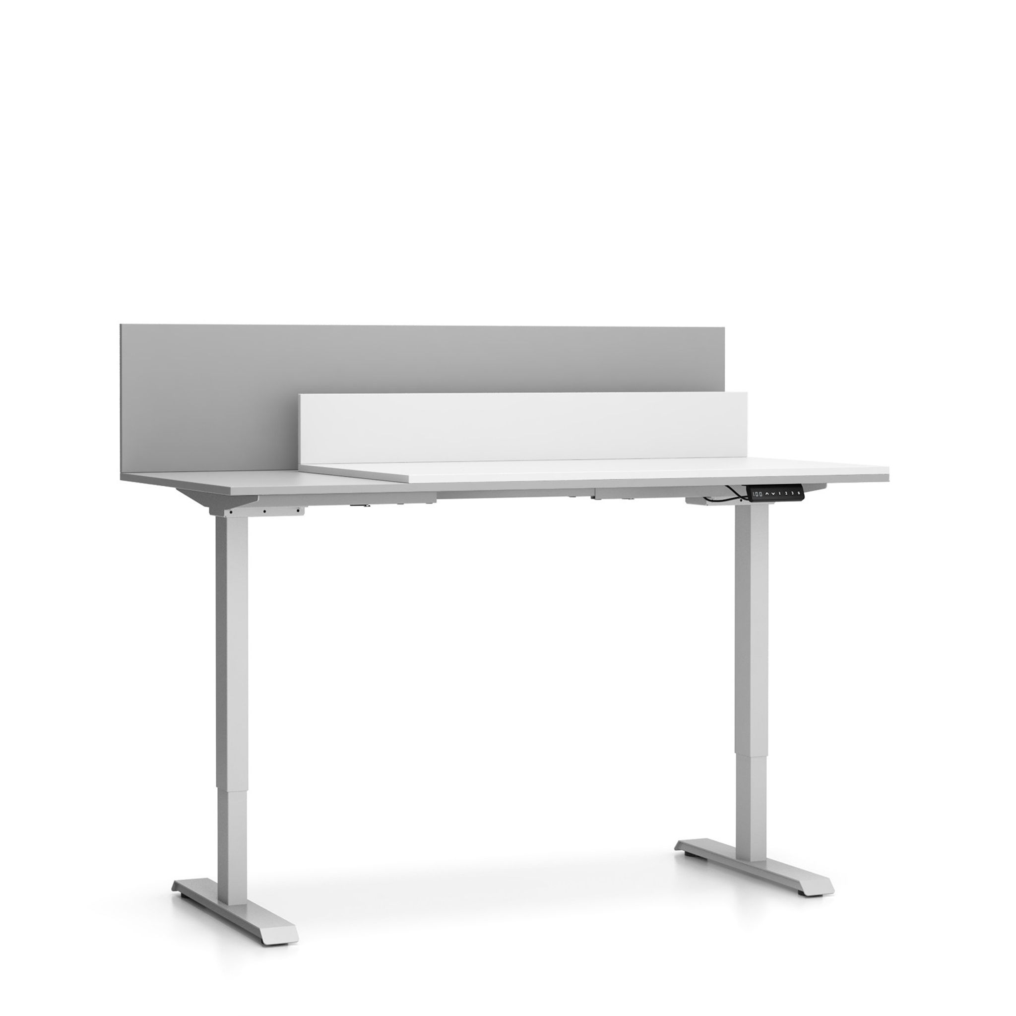 Büroschreibtisch SINGLE LAYERS, 160x80 cm, mit Schiebeplatte und Trennwänden, verstellbare Metallgestell, weiß/grau