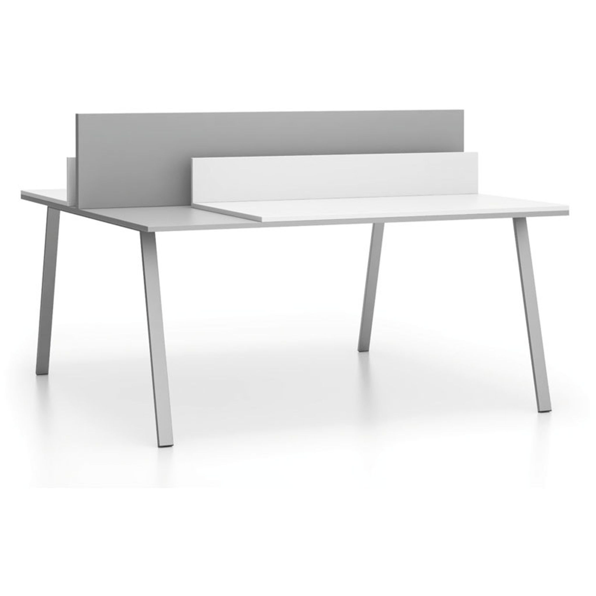 Bürotisch DOUBLE LAYERS, 160x160 cm, mit Schiebeplatte und Trennwänden, weiß/grau